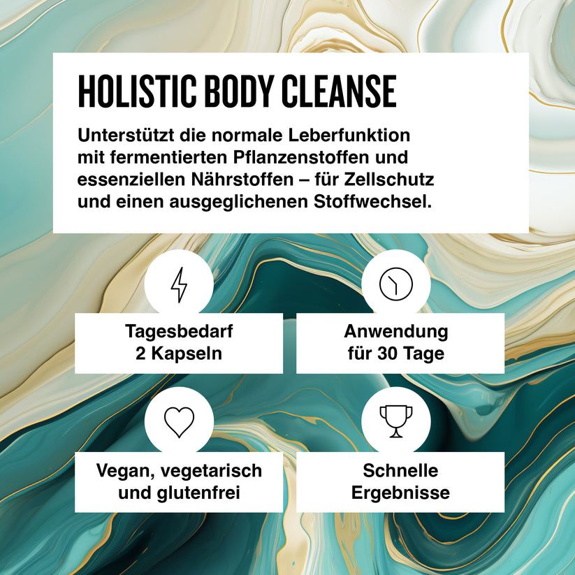 Text mit Informationen zu Tagesbedarf, Anwendung, veganer/vegetarischer Eignung und schnellen Ergebnissen. Hintergrund mit blau-goldenen Farbtönen.