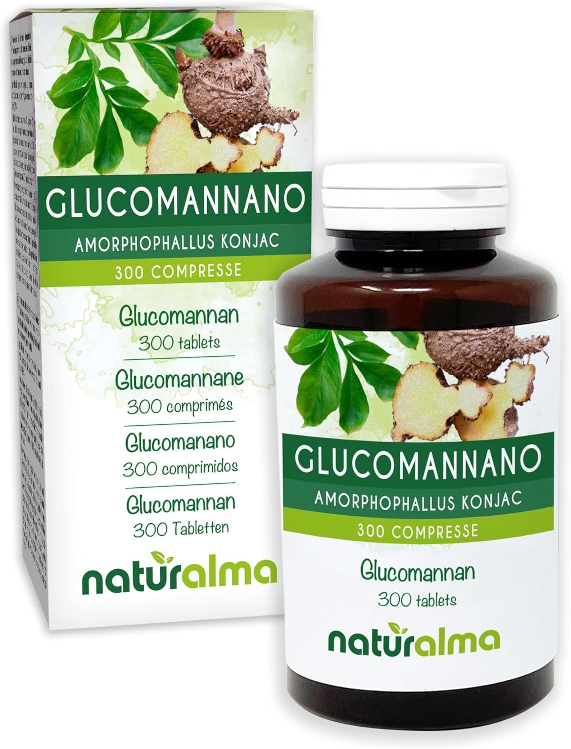 Produktverpackung und Flasche mit Tabletten. Aufschrift: Glucomannan Amorphophallus konjac, 300 Tabletten. Marke: Naturalma.