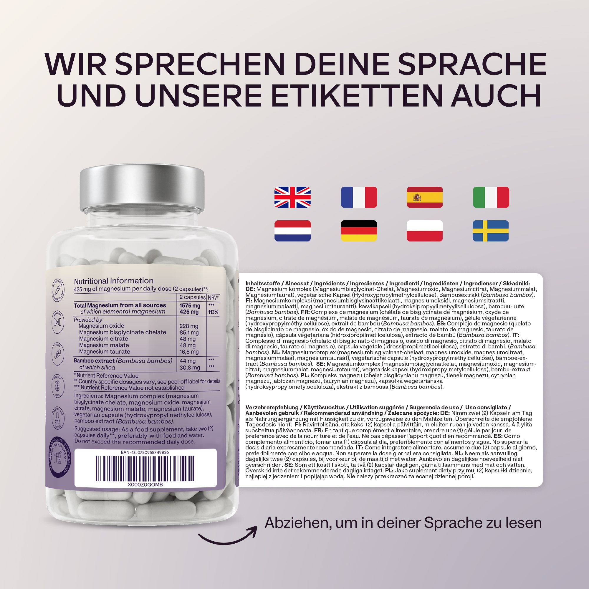 Flasche mit Kapseln und Text. Etiketten in verschiedenen Sprachen: Englisch, Deutsch, Französisch, Spanisch, Italienisch.
