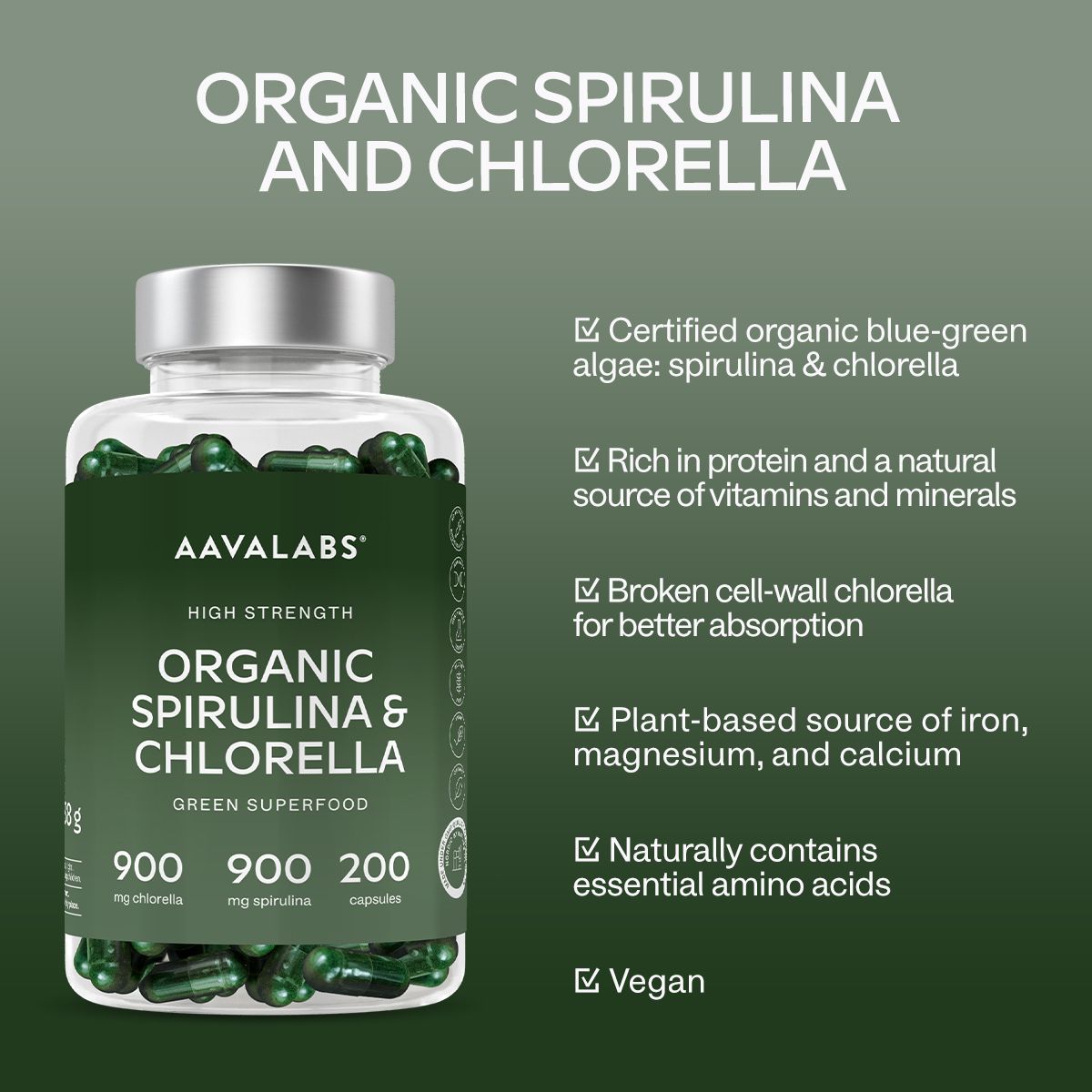 Flasche mit grünen Kapseln und Text: Organic Spirulina & Chlorella. Vegan.