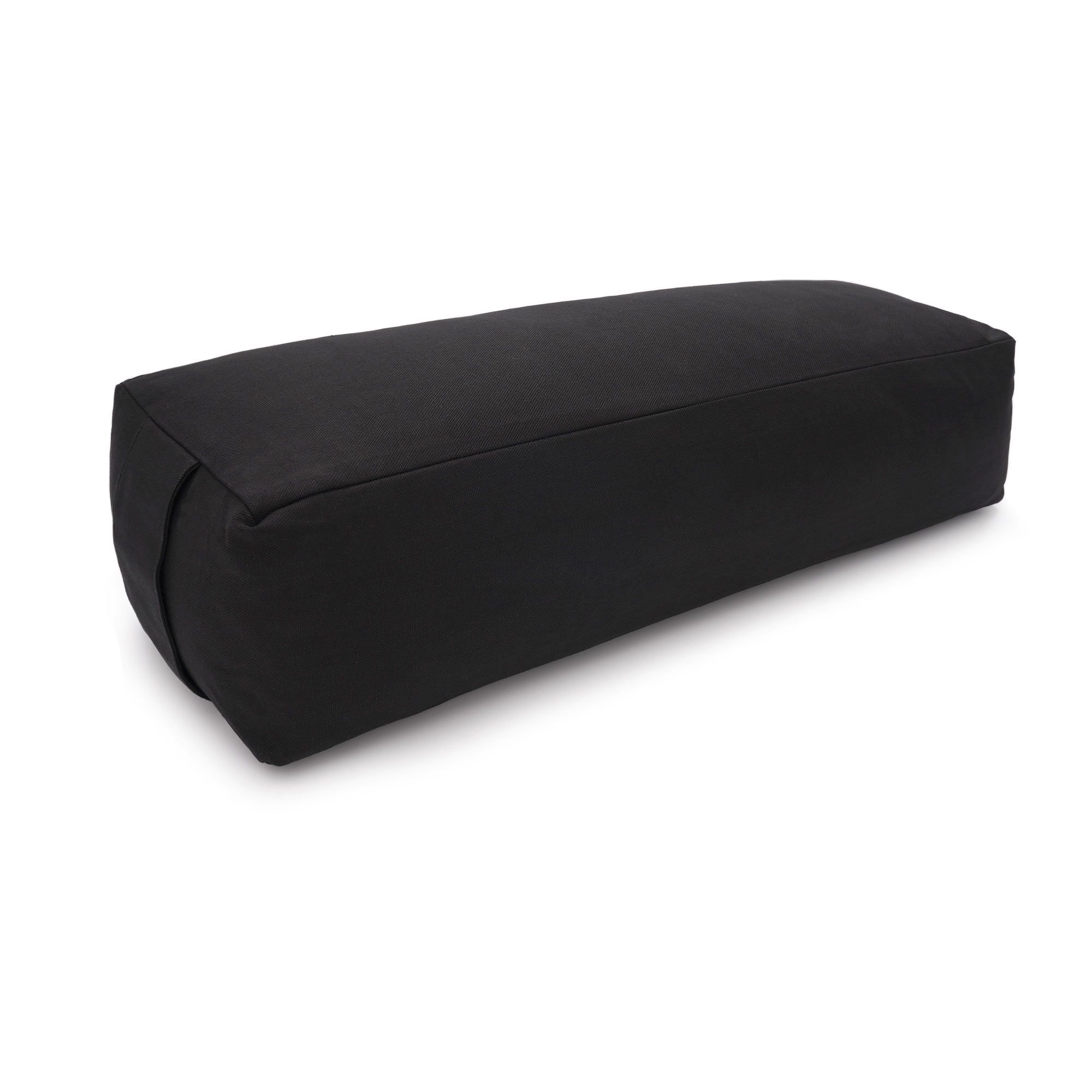 Schwarzes rechteckiges Yoga-Bolster aus Stoff mit Reißverschluss.