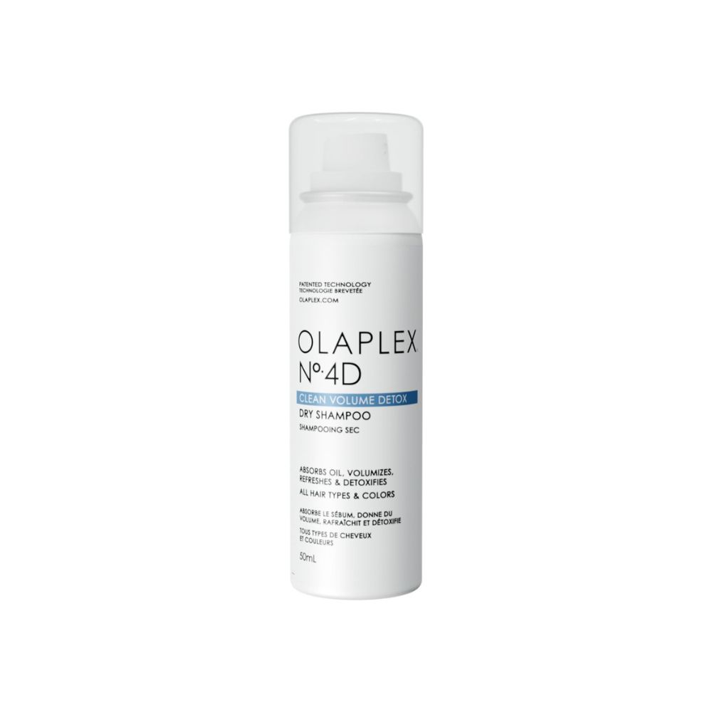 Weißes Olaplex No.4D Trockenshampoo-Spray mit blauem Text. Enthält einen weißen Sprühkopf. Aufschrift: Clean Volume Detox.