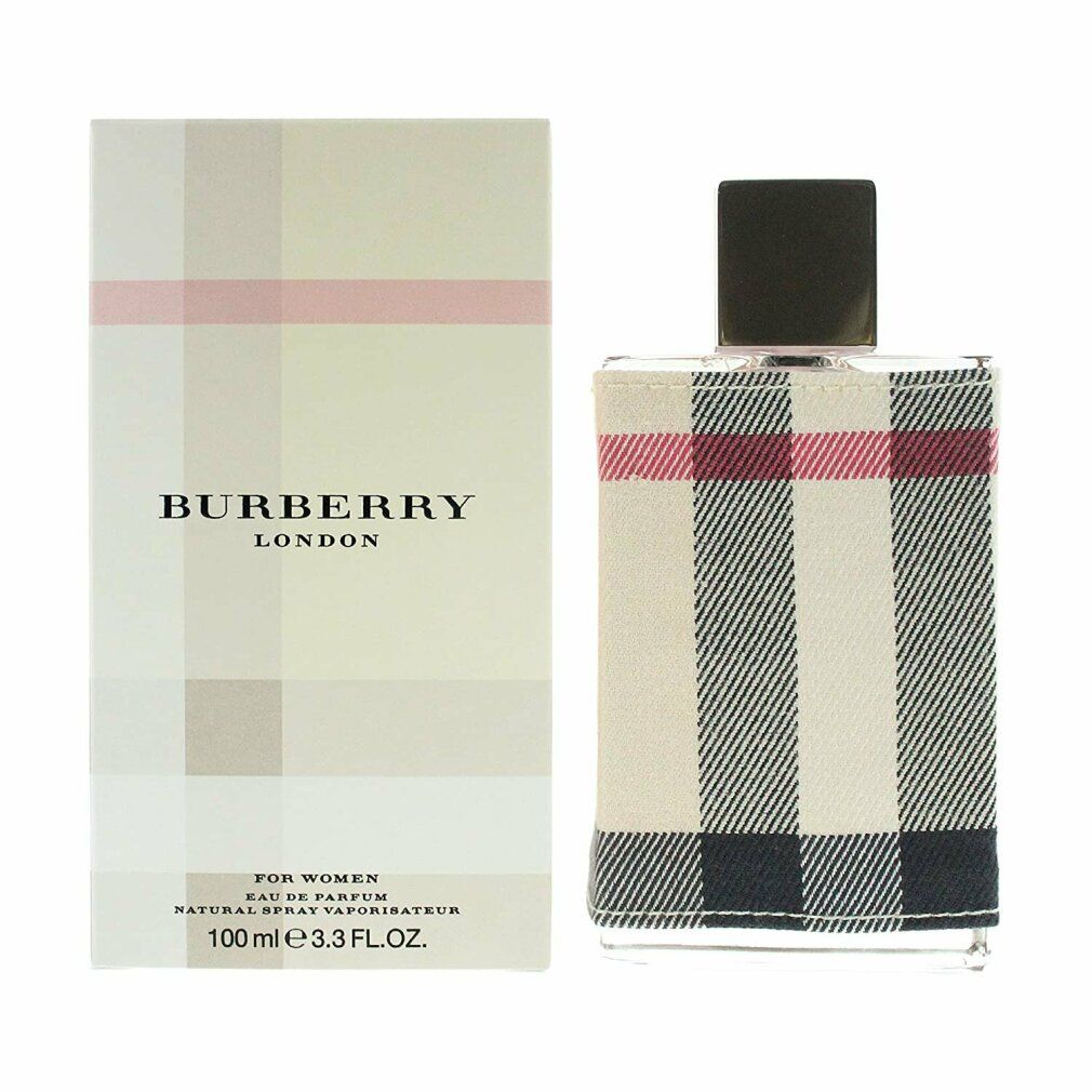 Burberry London Eau de Parfum und Verpackung. Flakon und Box mit kariertem Muster. Schwarzer Deckel, beige Box.