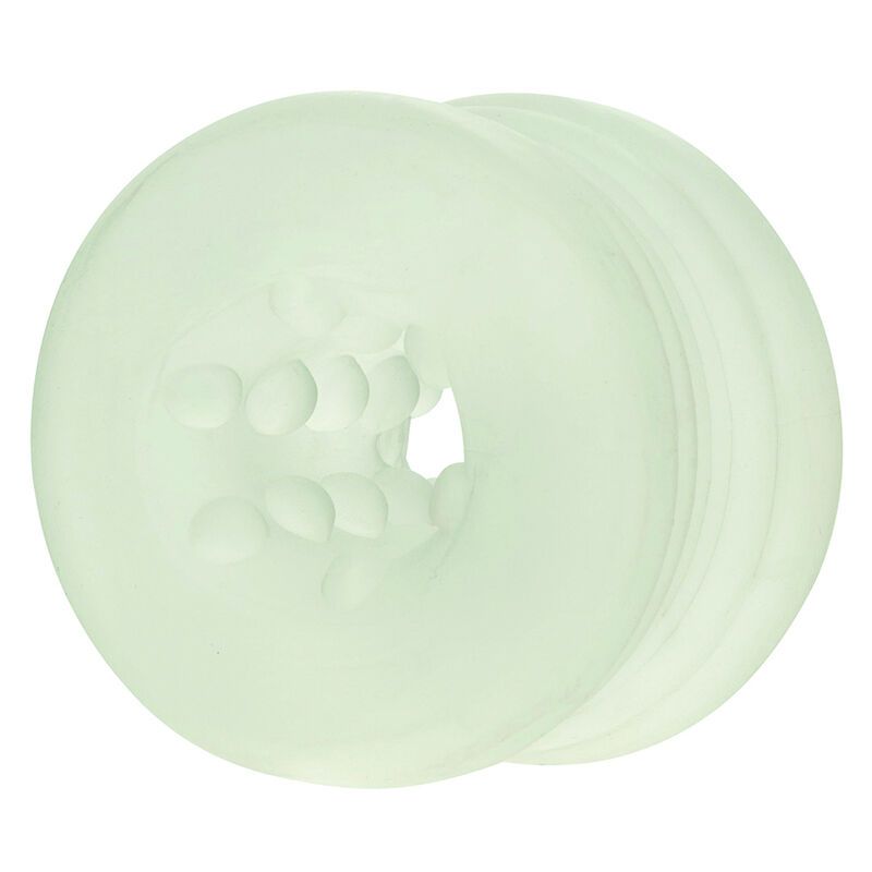 Ringförmiges Produkt mit Öffnung und inneren Erhebungen. Durchscheinendes Material. Für Intimbereich.