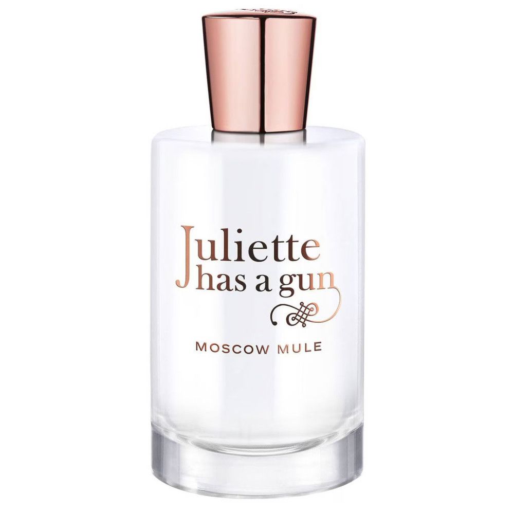 Parfümflasche mit roségoldfarbenem Verschluss. Aufschrift: Juliette has a gun, Moscow Mule.