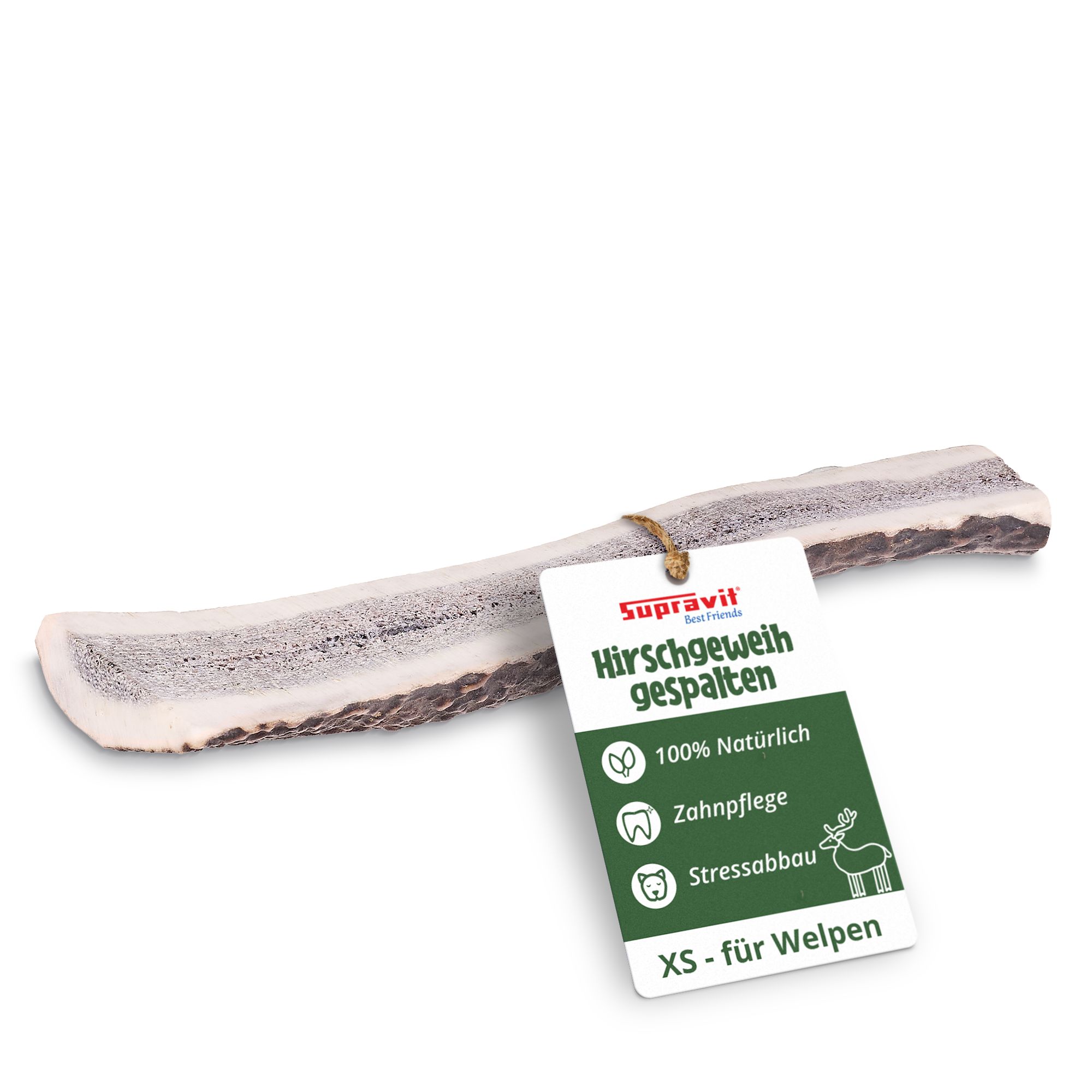 Hirschgeweih mit Anhänger. Text: Supravit Hirschgeweih gespalten, 100% natürlich, Zahnpflege, Stressabbau, XS für Welpen.