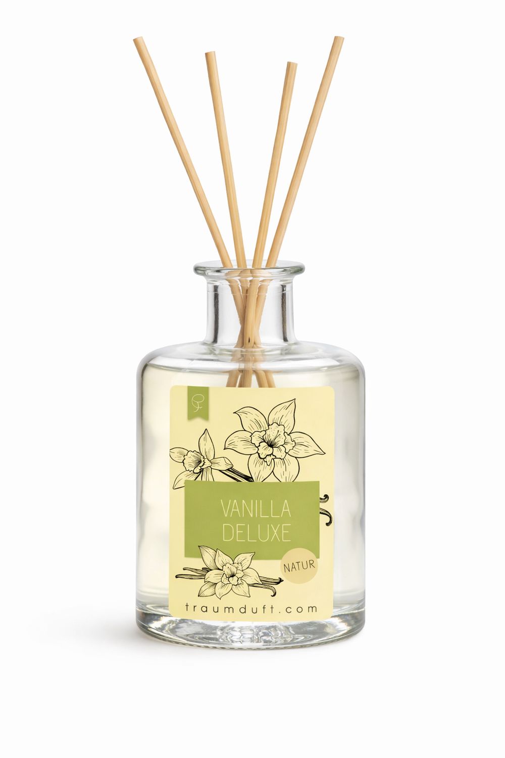 Glasflakon mit Peddigrohr-Stäben. Aufkleber mit "Vanilla Deluxe" und Vanille-Illustrationen. Naturprodukt.