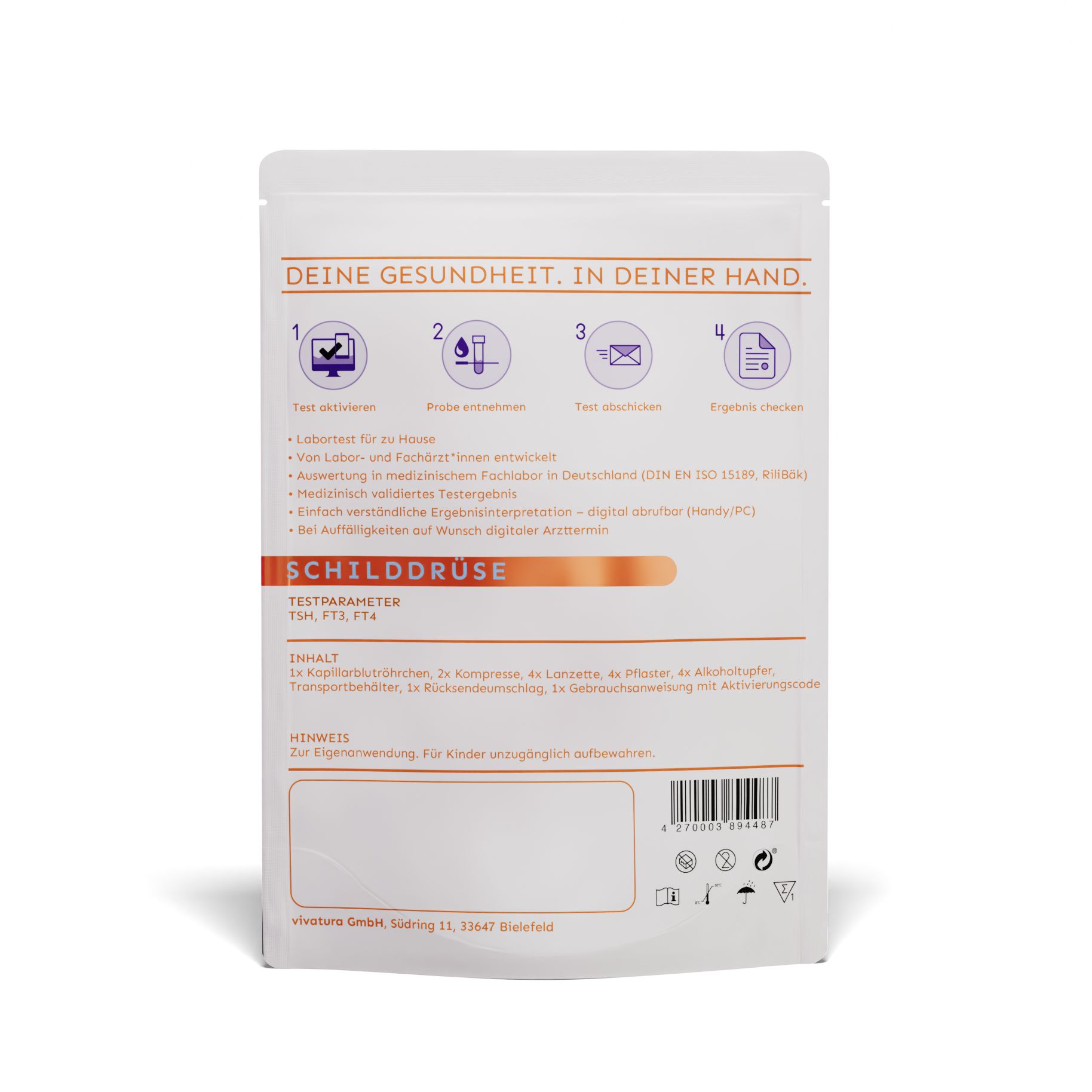 Weiße Verpackung mit Text und Illustrationen. Text: "SCHILDDRÜSE", "TESTPARAMETER". Enthält Komponenten für den Test.