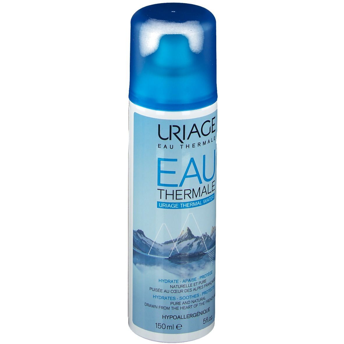 Uriage Eau Thermale Spray. Blaue Sprühflasche mit blauem Deckel. Produktname und Berge. 150ml.