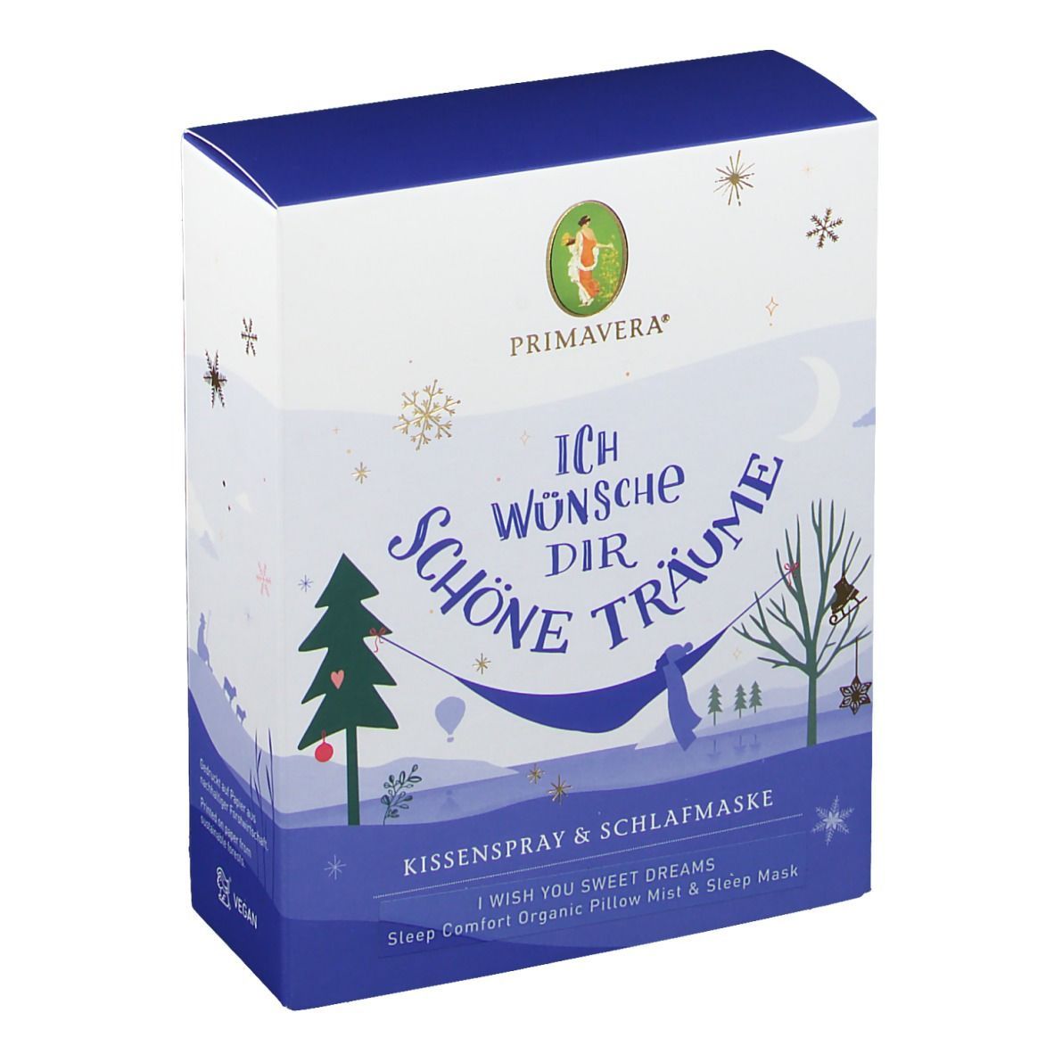 Verpackung mit Text: 'Ich wünsche Dir schöne Träume'. Logo Primavera. Kissen- und Schlafmaske. Blau-weißes Design.
