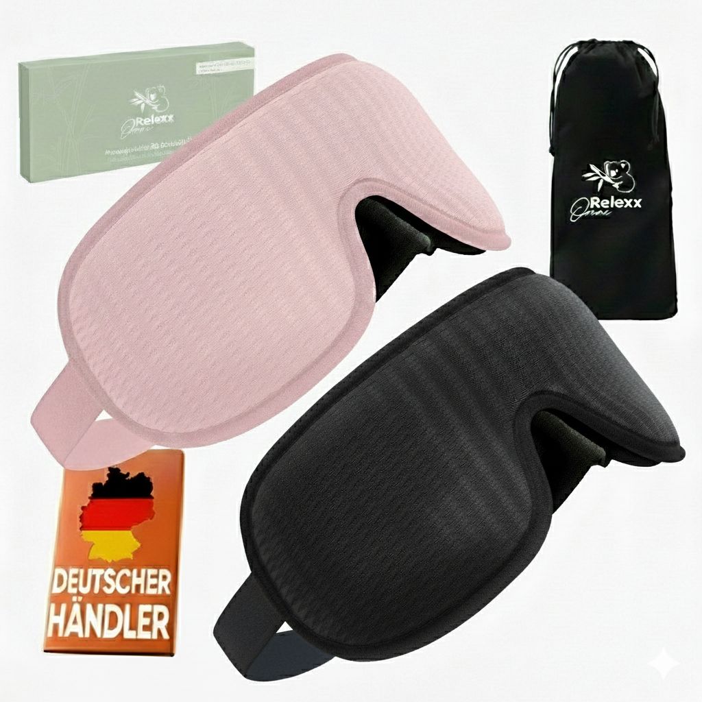 Zwei 3D-Schlafmasken (schwarz, rosa), Reisebeutel, Verpackung und Händlerzertifikat.