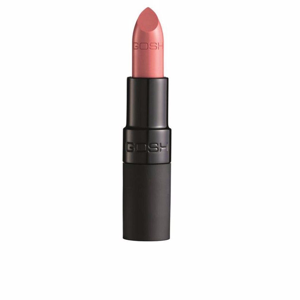 Lippenstift, rosa Farbe, schwarze Hülse. Marke GOSH sichtbar. Matt Rose.