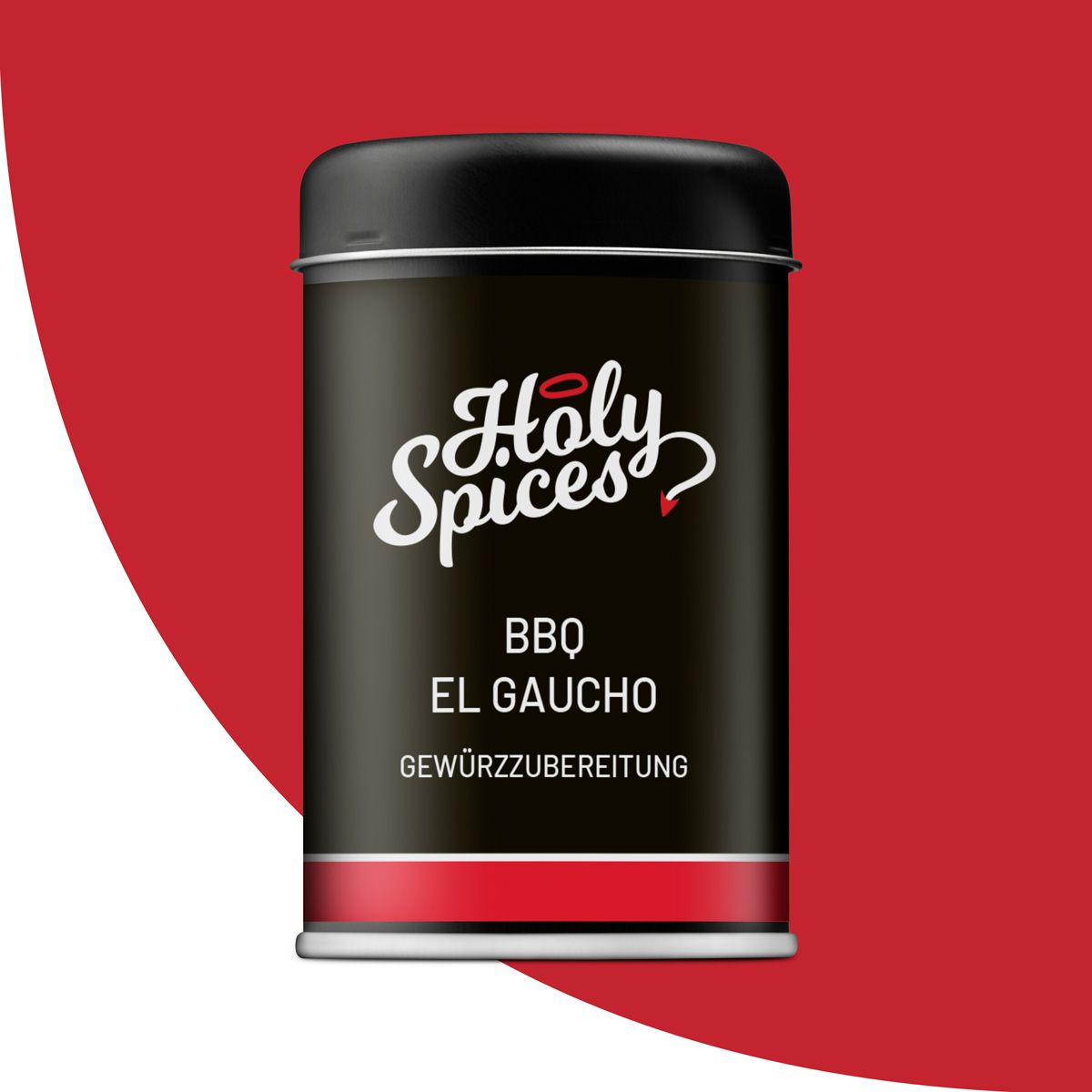 Zylindrische Dose mit schwarzem Deckel. Aufschrift: Holy Spices BBQ El Gaucho. Roter Hintergrund. Gewürzpräparat.