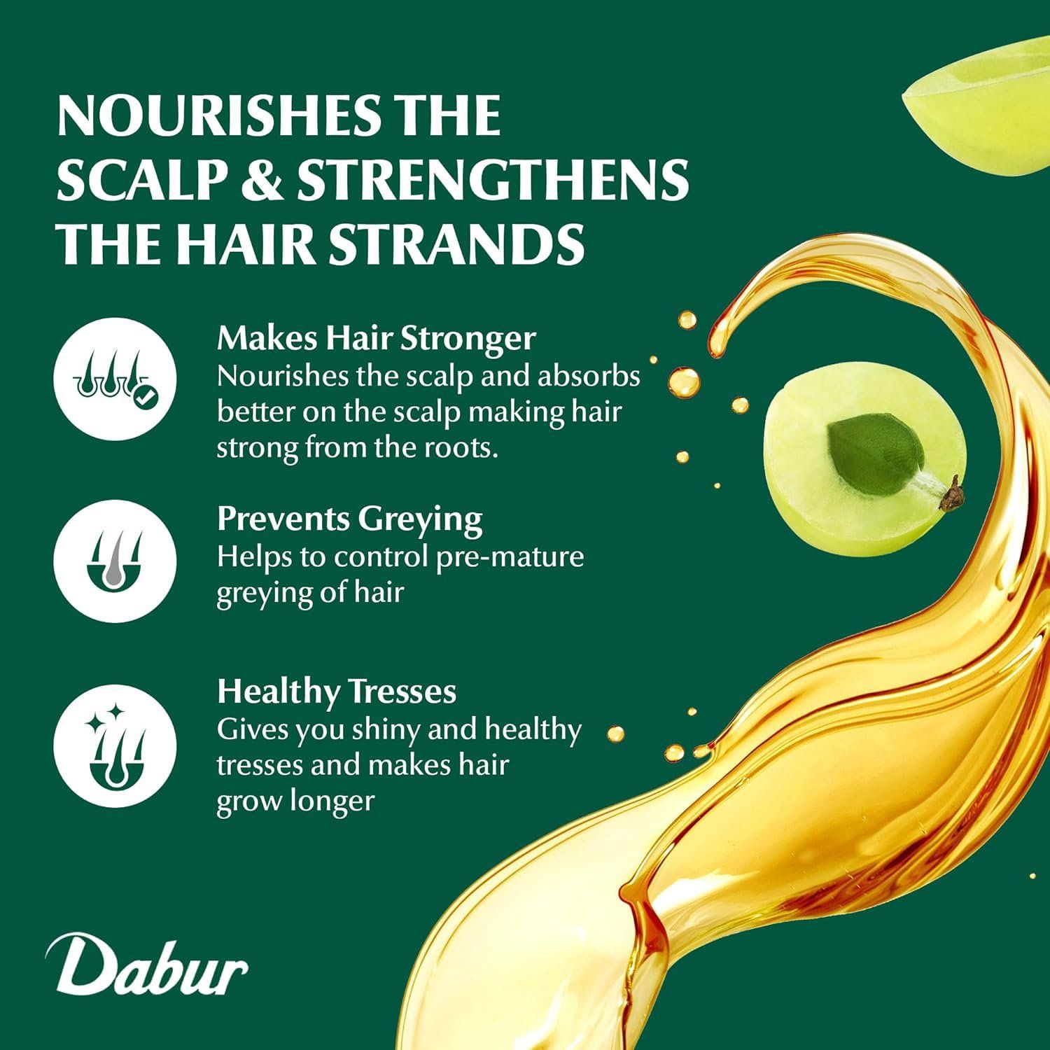 Grafik mit Text über die Vorteile von Dabur Amla Haaröl: Stärkt das Haar, beugt Ergrauen, gesunde Locken.