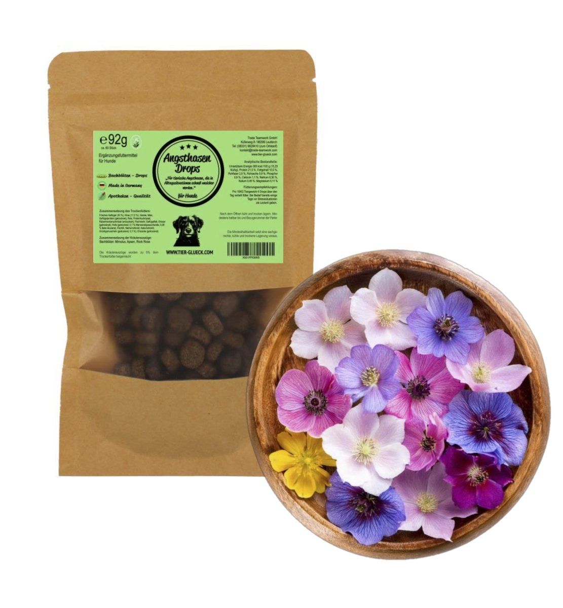 Beutel mit Drops für Hunde und Schale mit bunten Blüten. Aufdruck: Angsthasen Drops, Bachblüten.