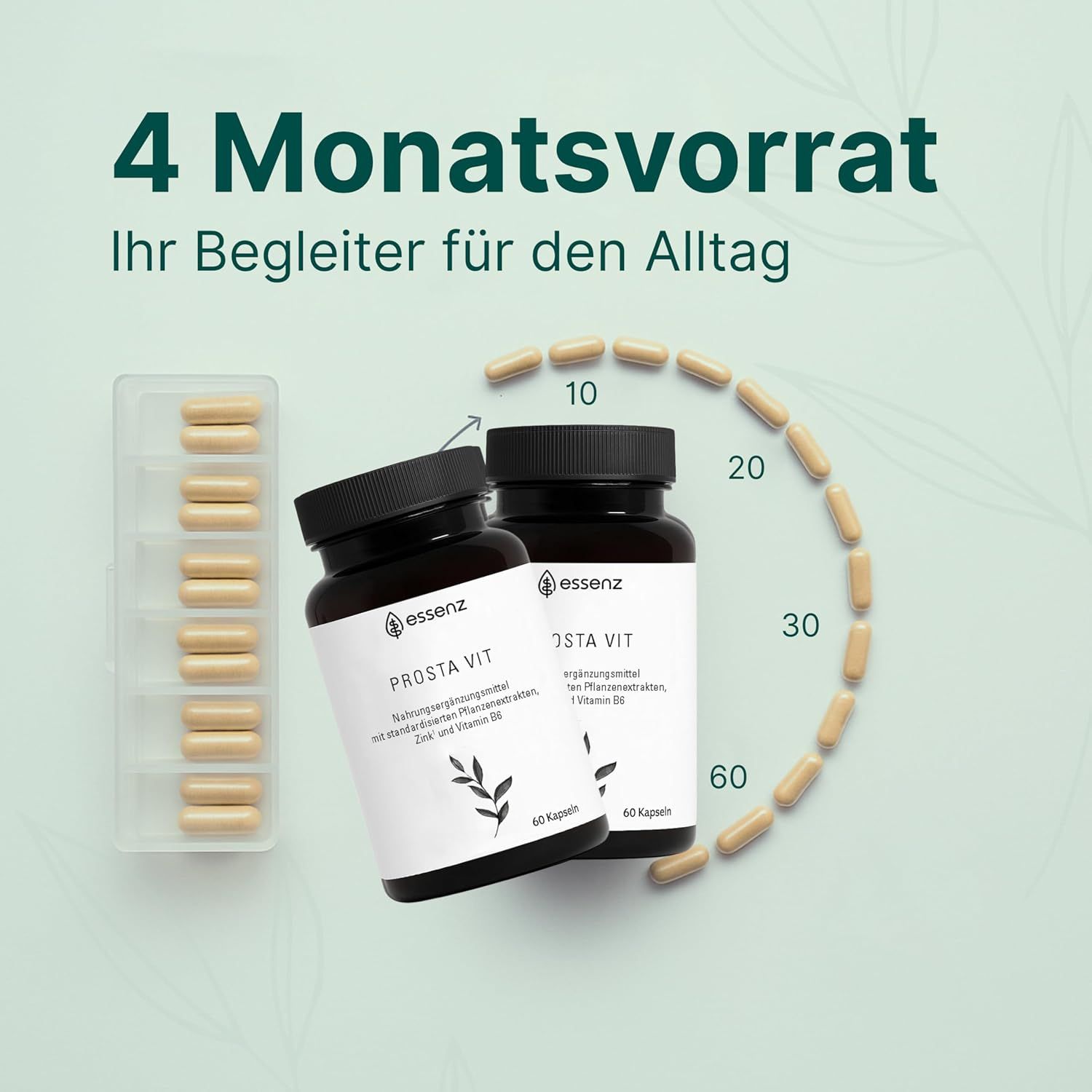 Zwei Flaschen ESSENZ Prosta Vit Kapseln, 60 Kapseln pro Flasche. 4-Monatsvorrat. Kapseln in einer Blisterpackung. Kreisförmige Anordnung von Kapseln.