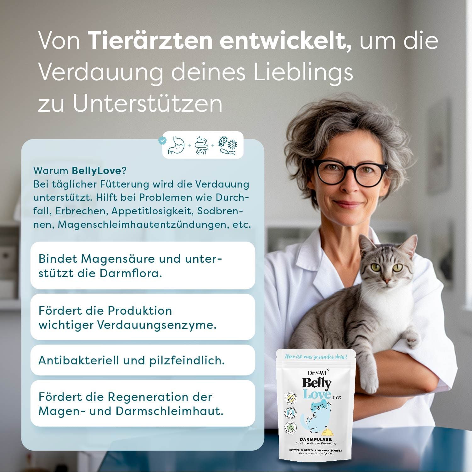Dr. SAM BellyLove Cat - Hochdosiertes Darmpulver. Bringt Magen und Darm in Balance.