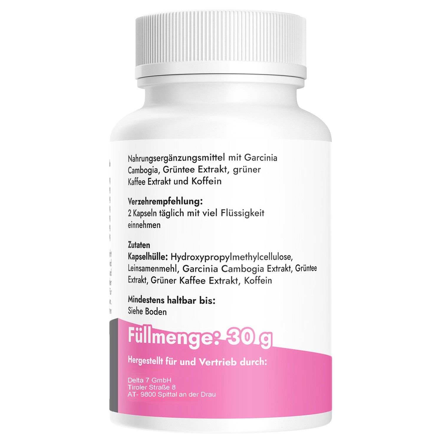 Rückseite der Kapsel-Dose. Enthält Informationen zu Inhaltsstoffen, Verzehrempfehlung und Hersteller. Rosa Etikett.