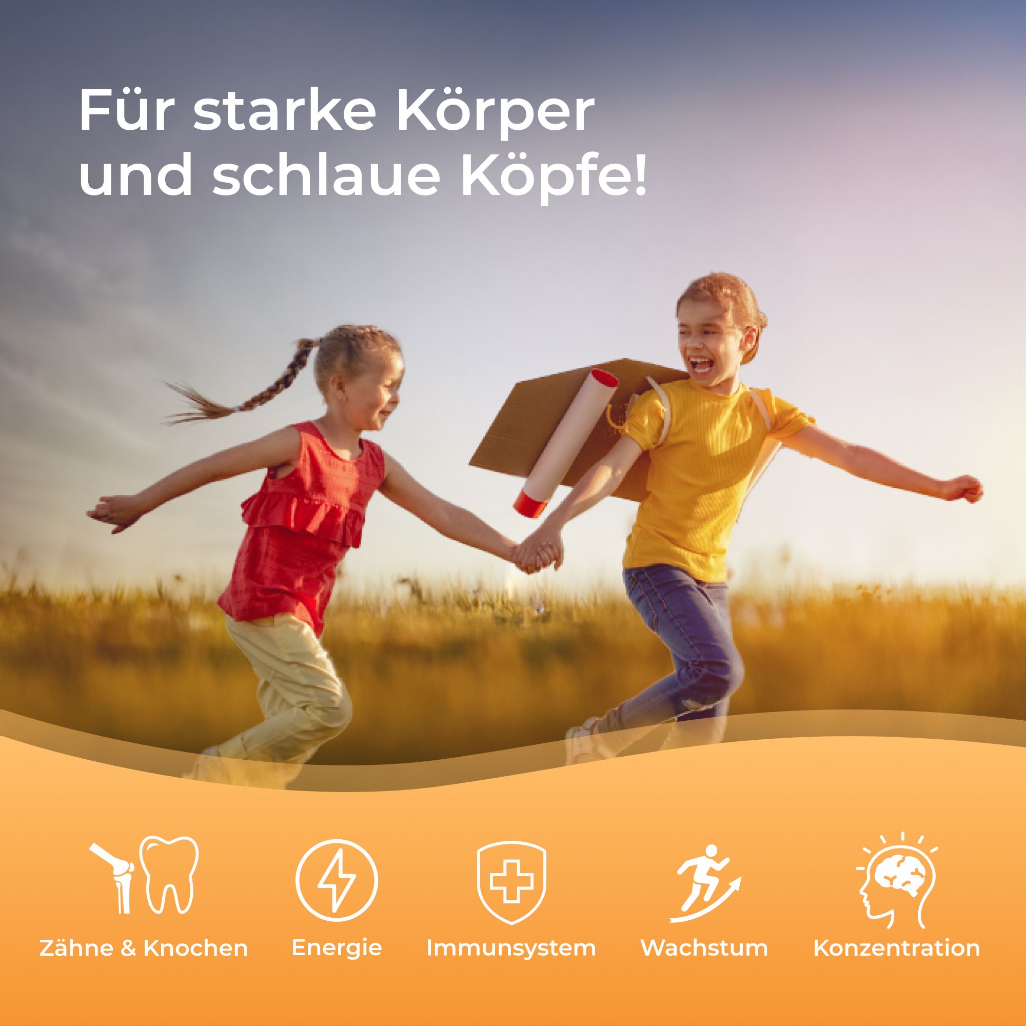 Zwei Kinder rennen auf einer Wiese. Text: "Für starke Körper und schlaue Köpfe!". Symbole: Zähne, Energie, Immunsystem, Wachstum, Konzentration.