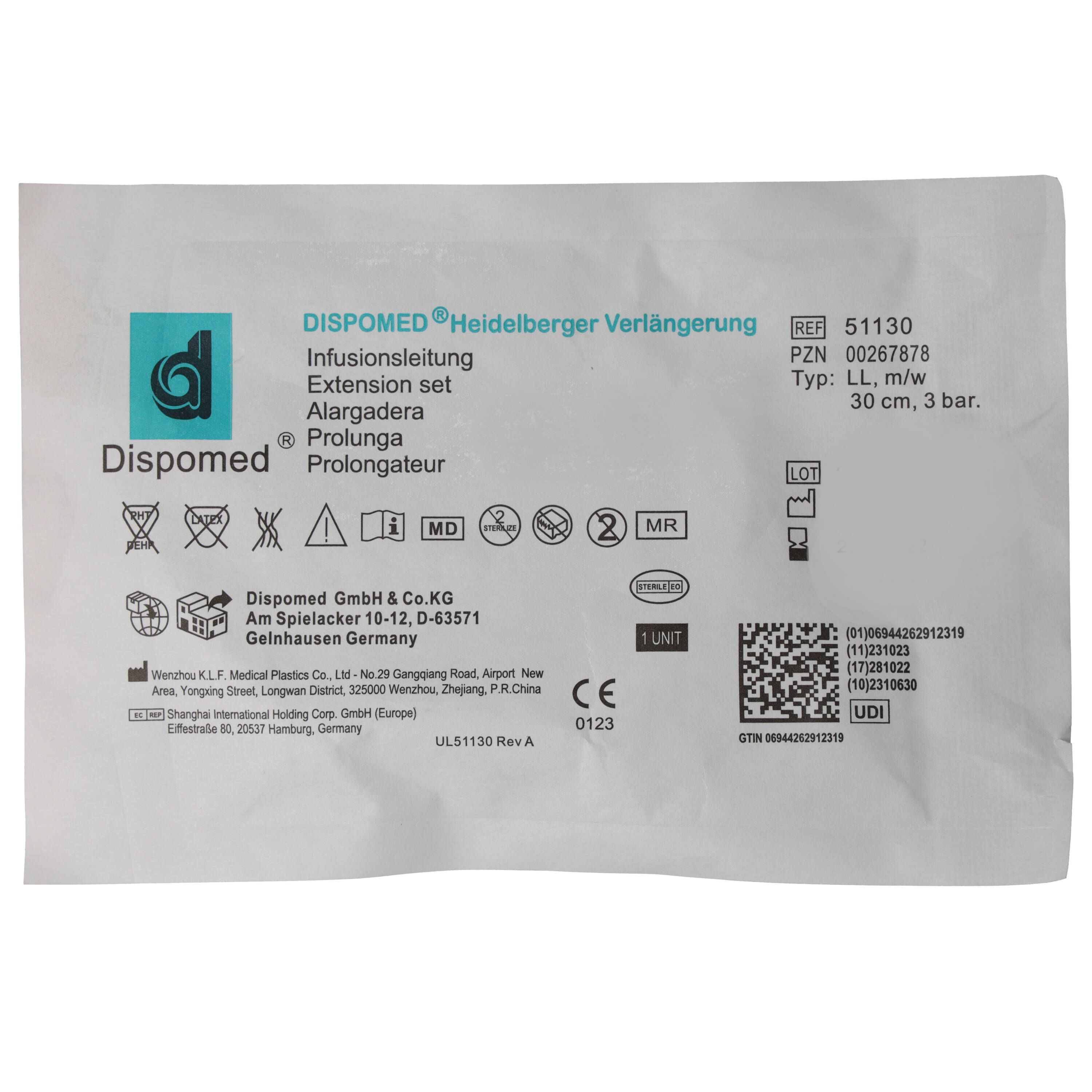 Verpackung der Dispomed Heidelberger Verlängerung. Enthält Produktinformationen, CE-Kennzeichnung und Barcode.