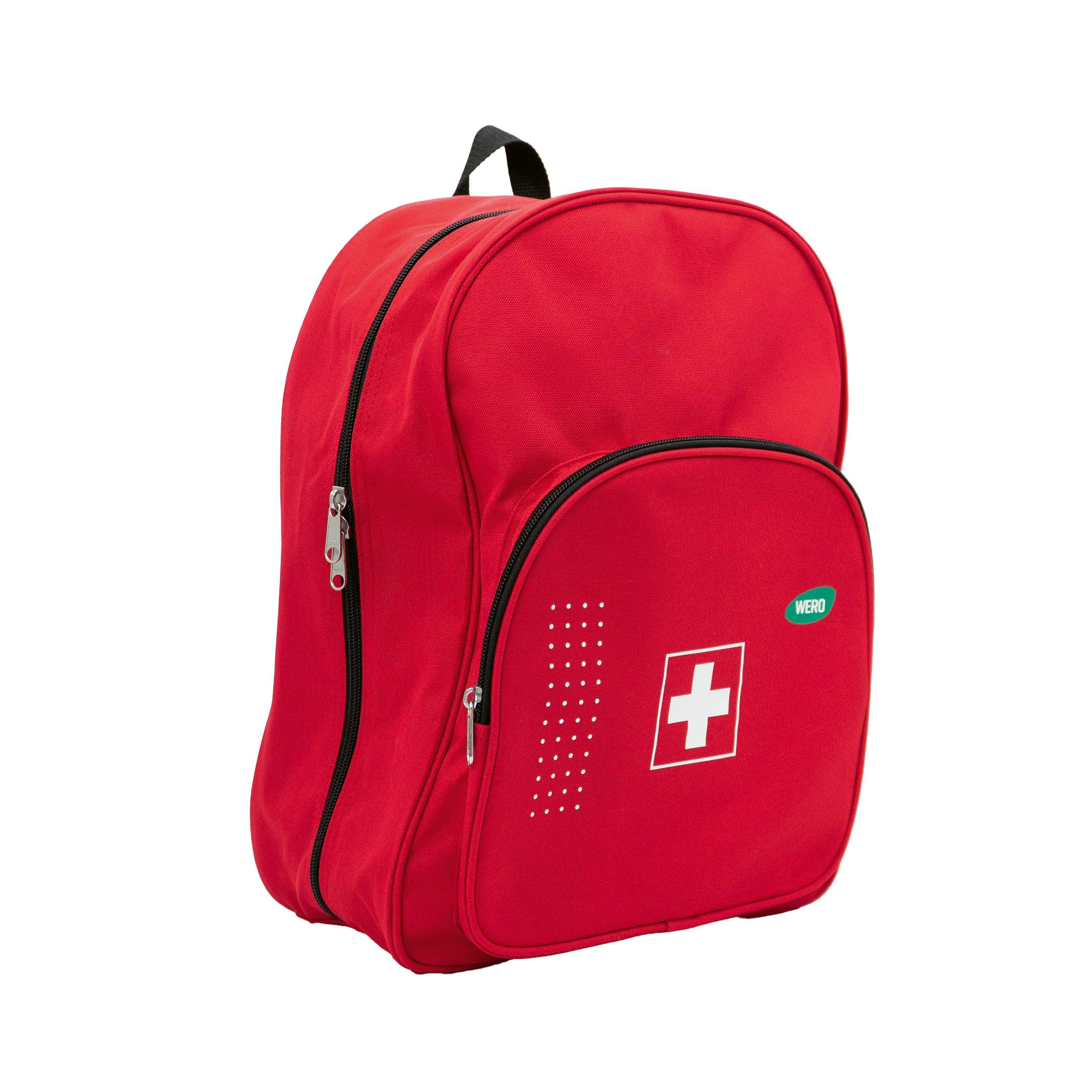 Roter Erste-Hilfe-Rucksack, schräg von vorne. Schwarze Reißverschlüsse und Tragegriff. WERO-Logo. Weißes Kreuz.