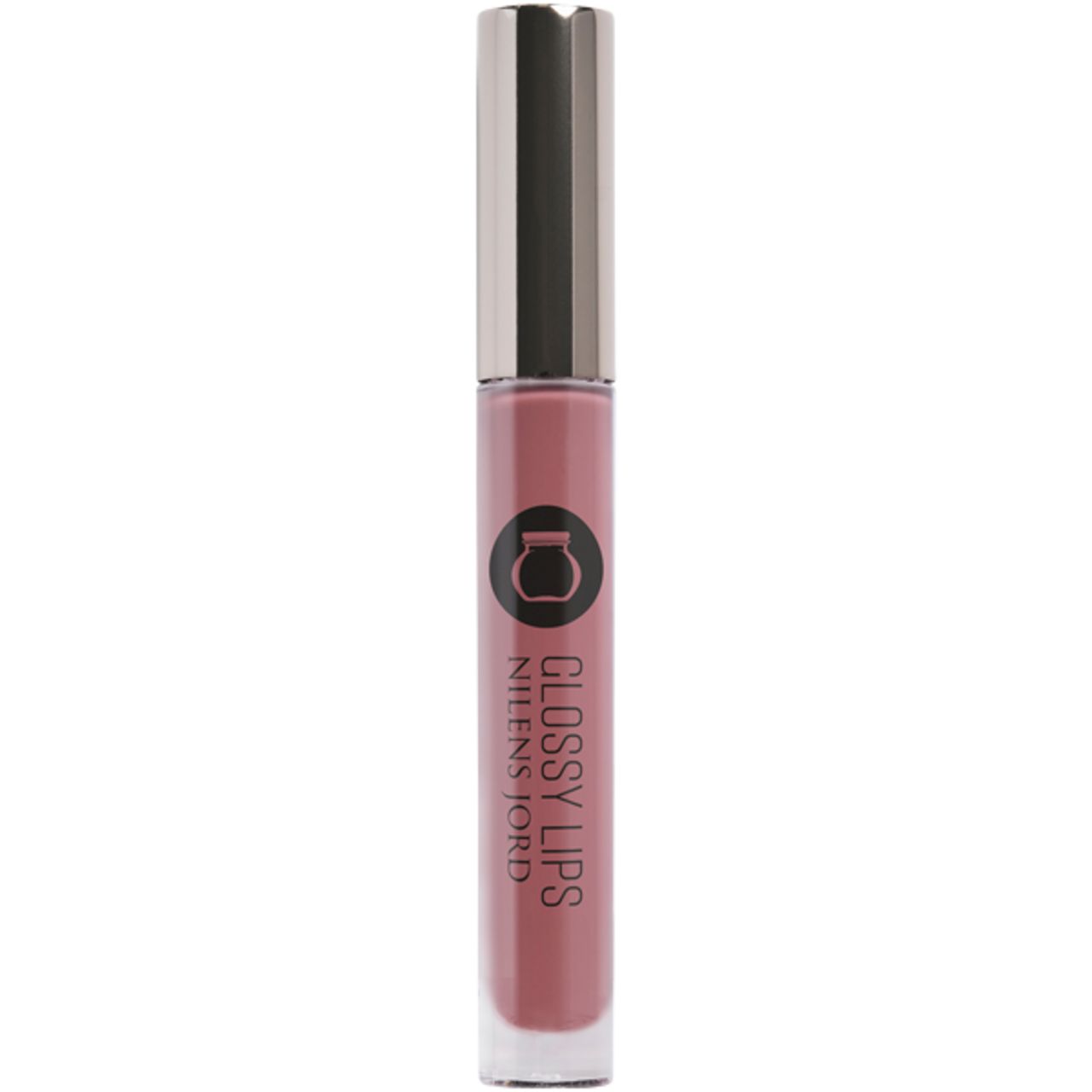Lippenstift-Tube mit silberfarbenem Deckel. Aufschrift "GLOSSY LIPS" und "NILENS JORD". Rosa Farbton.