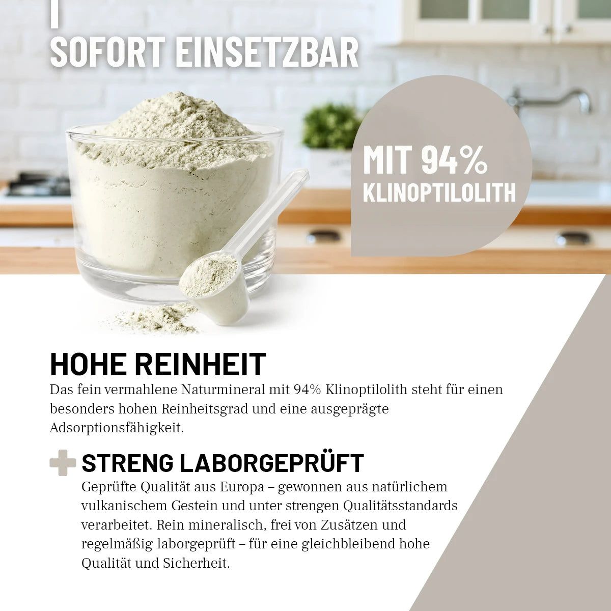 Glas mit Pulver und Messlöffel. Text: 94% Klinoptilolith, Hohe Reinheit, Streng laborgeprüft. Text über vulkanisches Gestein und Reinheit.