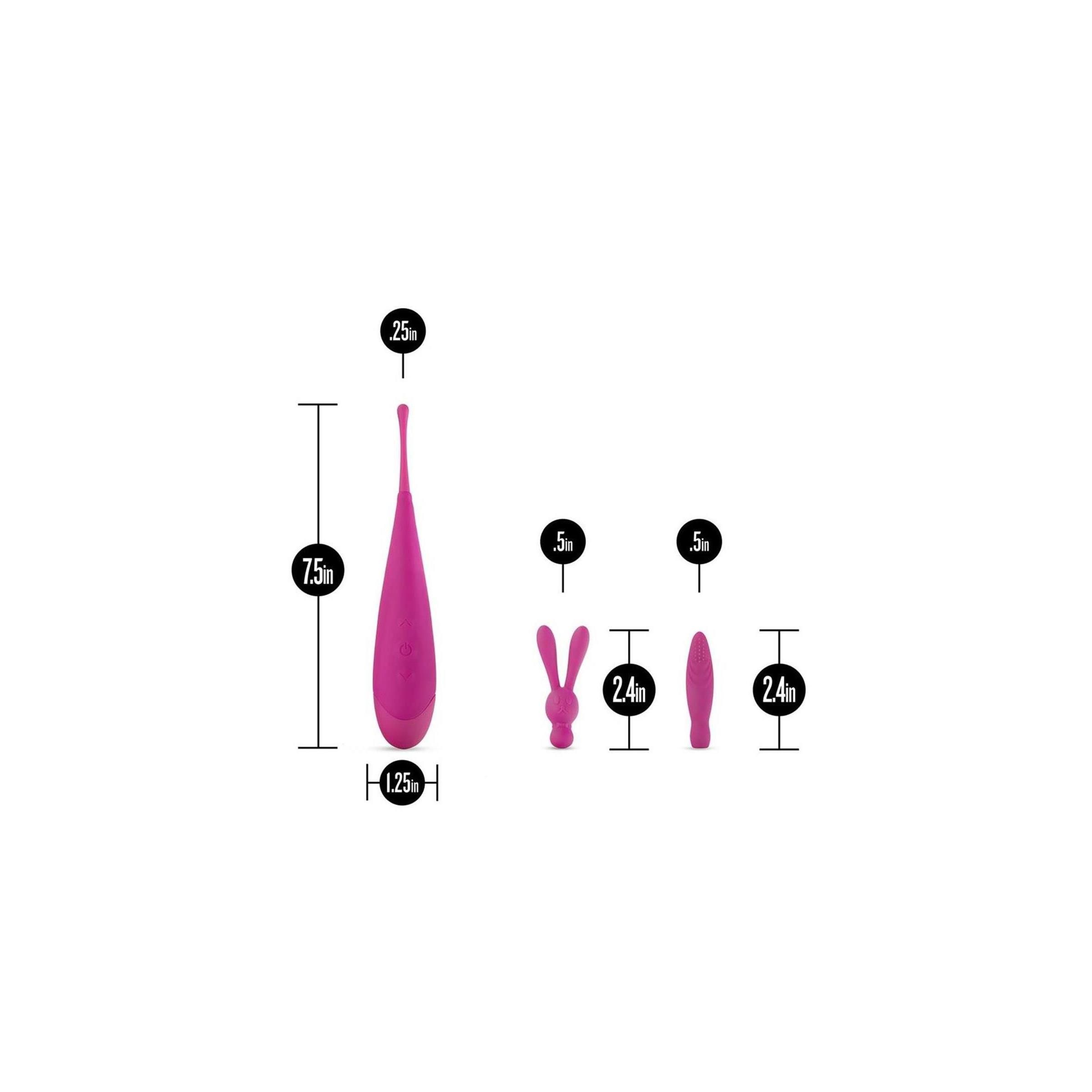 Rosa Vibrator mit drei Aufsätzen. Maße: 7,5 Zoll hoch, 1,25 Zoll breit. Hase und länglicher Aufsatz: 2,4 Zoll.