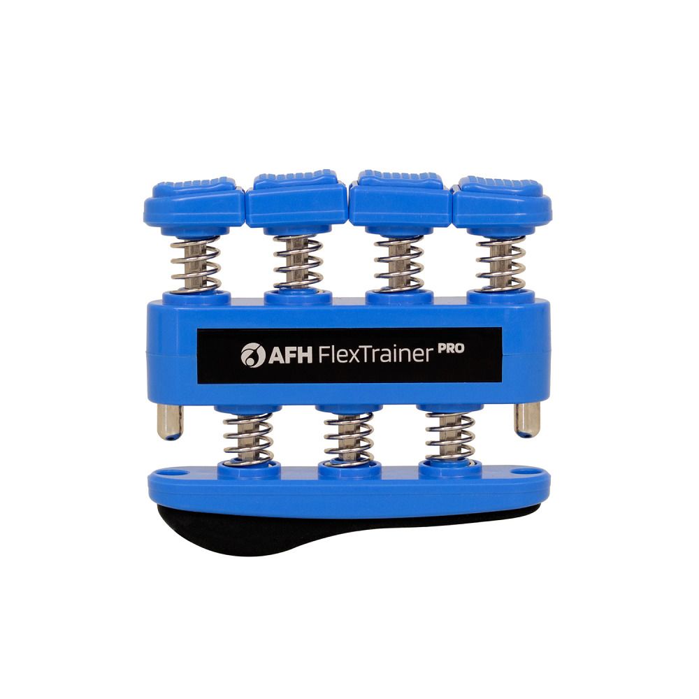 Blauer Fingertrainer mit Federn und AFH FlexTrainer Pro-Logo. Vier Fingerauflagen, schwarze Basis.