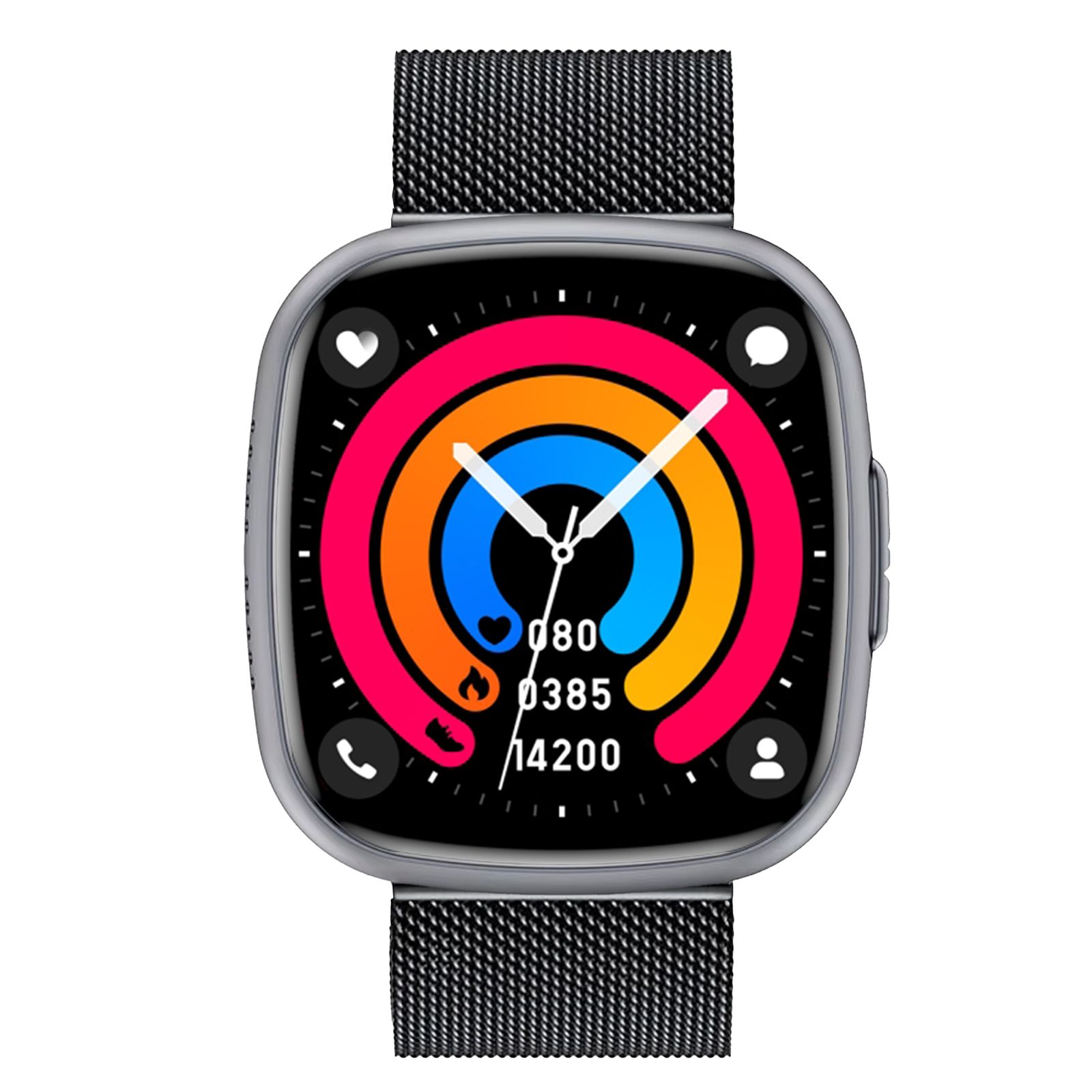 Smartwatch mit farbigem Bildschirm. Gesundheitsdaten werden angezeigt. Schwarzes Metallarmband.