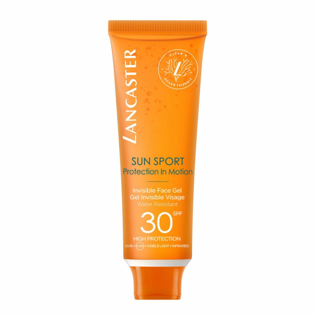 Orange Tube Lancaster Sun Sport Invisible Face Gel SPF30. Vegan-Formel. Wasserfest.