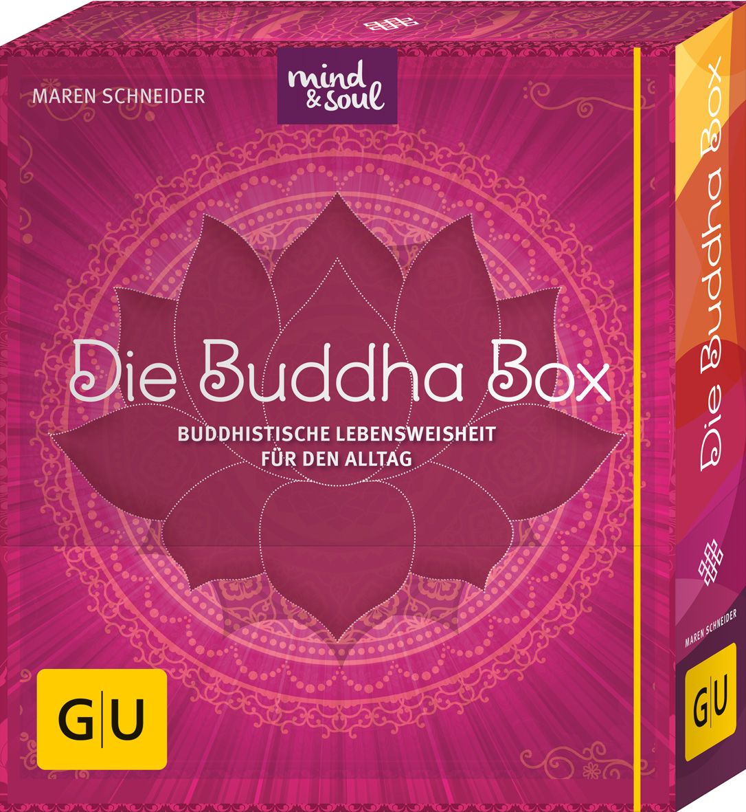 Box mit Aufschrift "Die Buddha Box". Auf der Vorderseite ein Lotusblüten-Design und Text. Logo "mind & soul" und "GU".