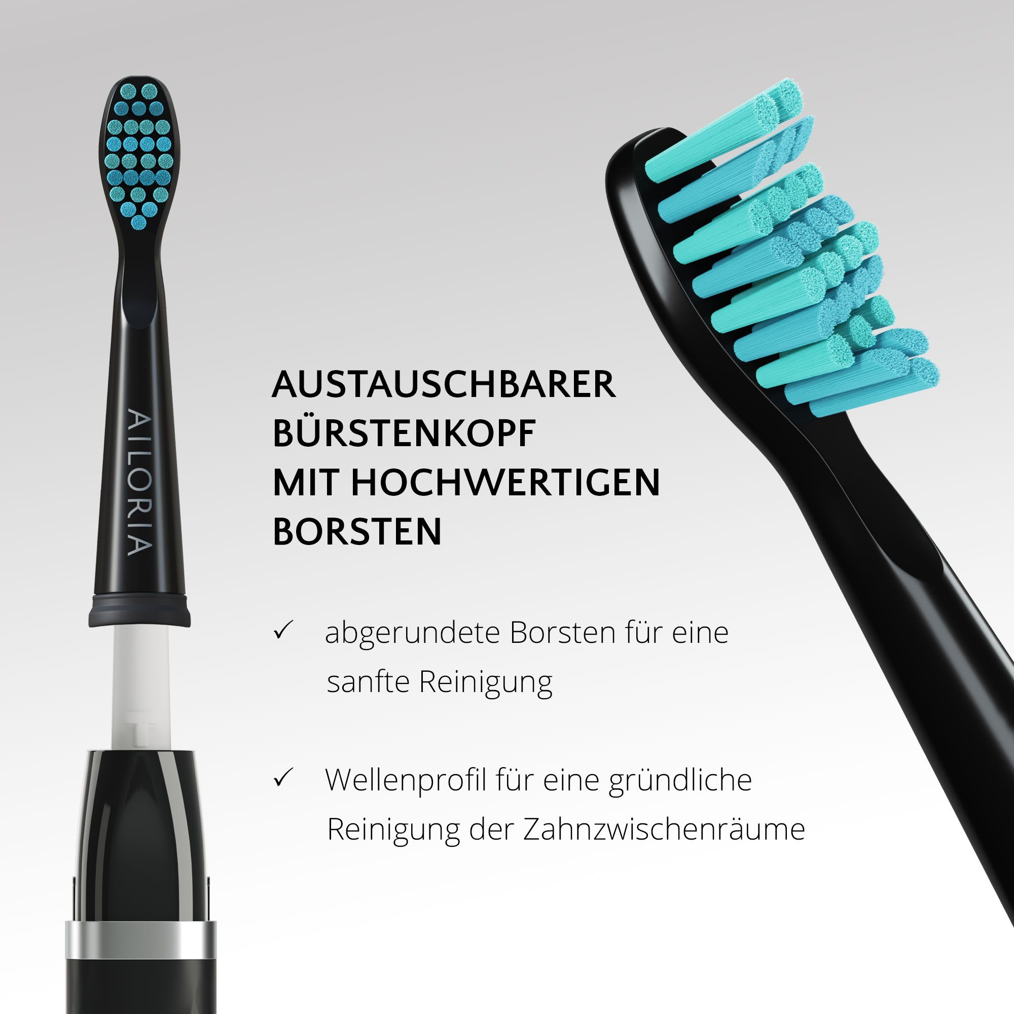 Nahaufnahme des Bürstenkopfes. Text: Austauschbarer Bürstenkopf mit hochwertigen Borsten. Abgerundete Borsten und Wellenprofil.