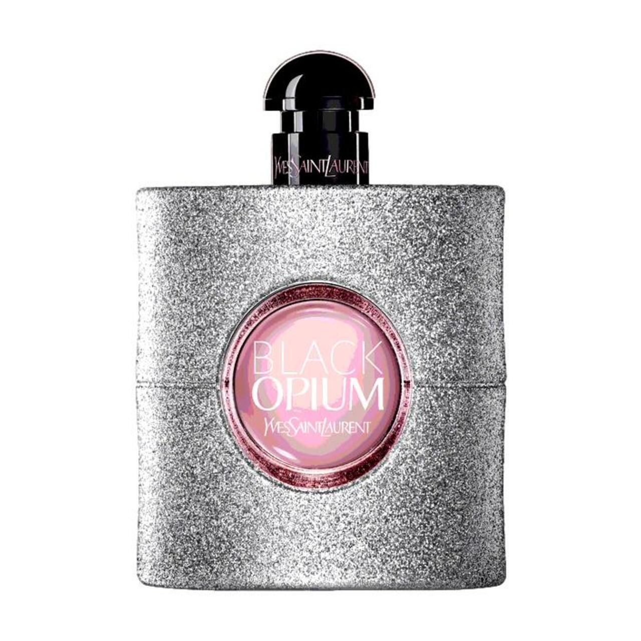 Quadratischer Flakon mit Glitzer. Rundes Label mit Schriftzug. Schwarzer Verschluss.