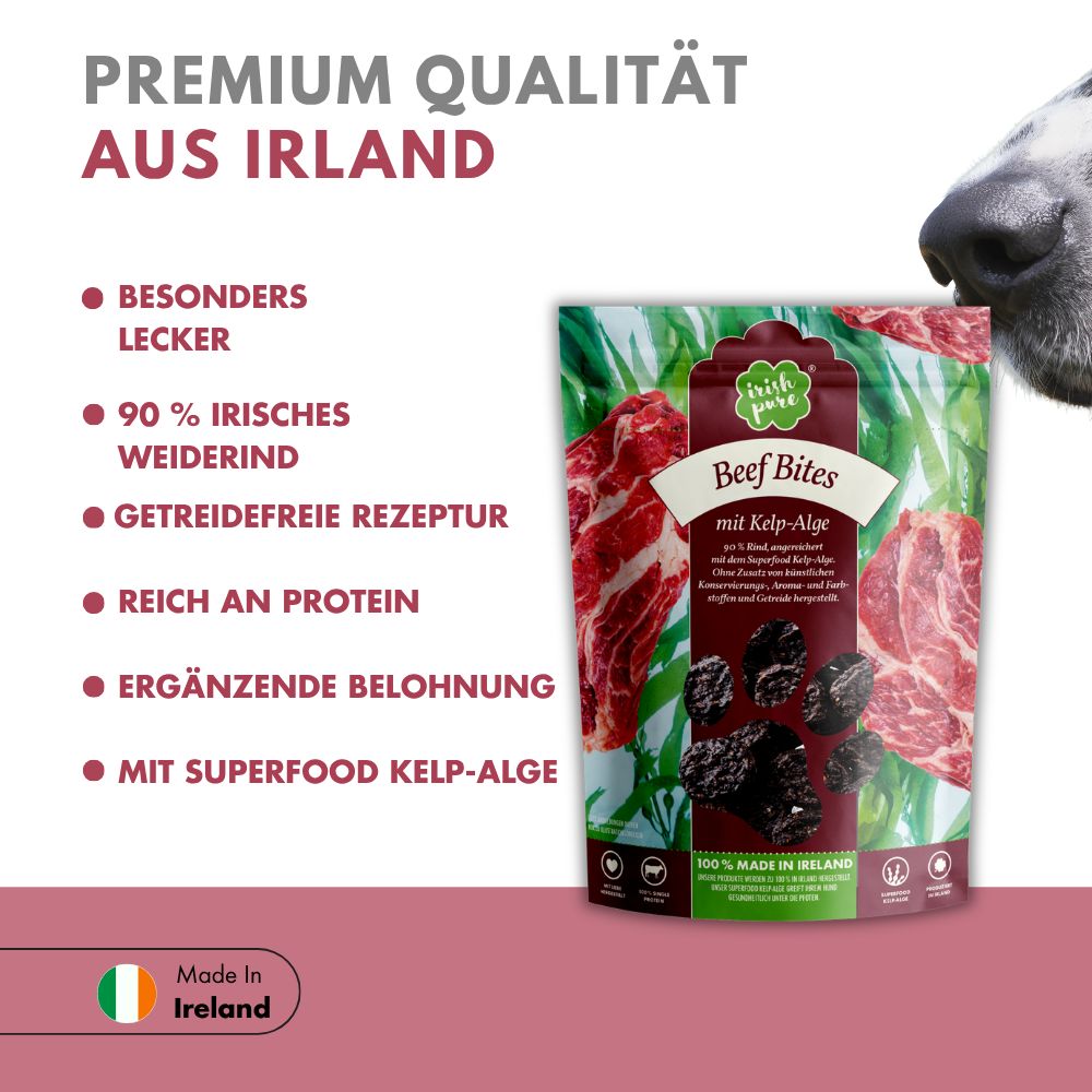 Vorteile von 'Irish Pure' Hundefutter mit Rind und Kelp-Alge.