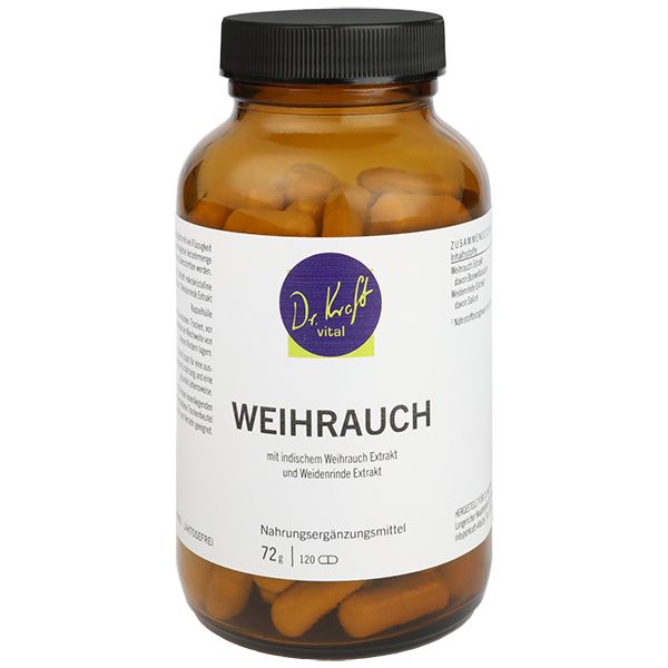 Braune Glasflasche mit schwarzen Deckel. Weißes Etikett mit lila Kreis und Schriftzug. Enthält Kapseln. Aufschrift: Weihrauch.