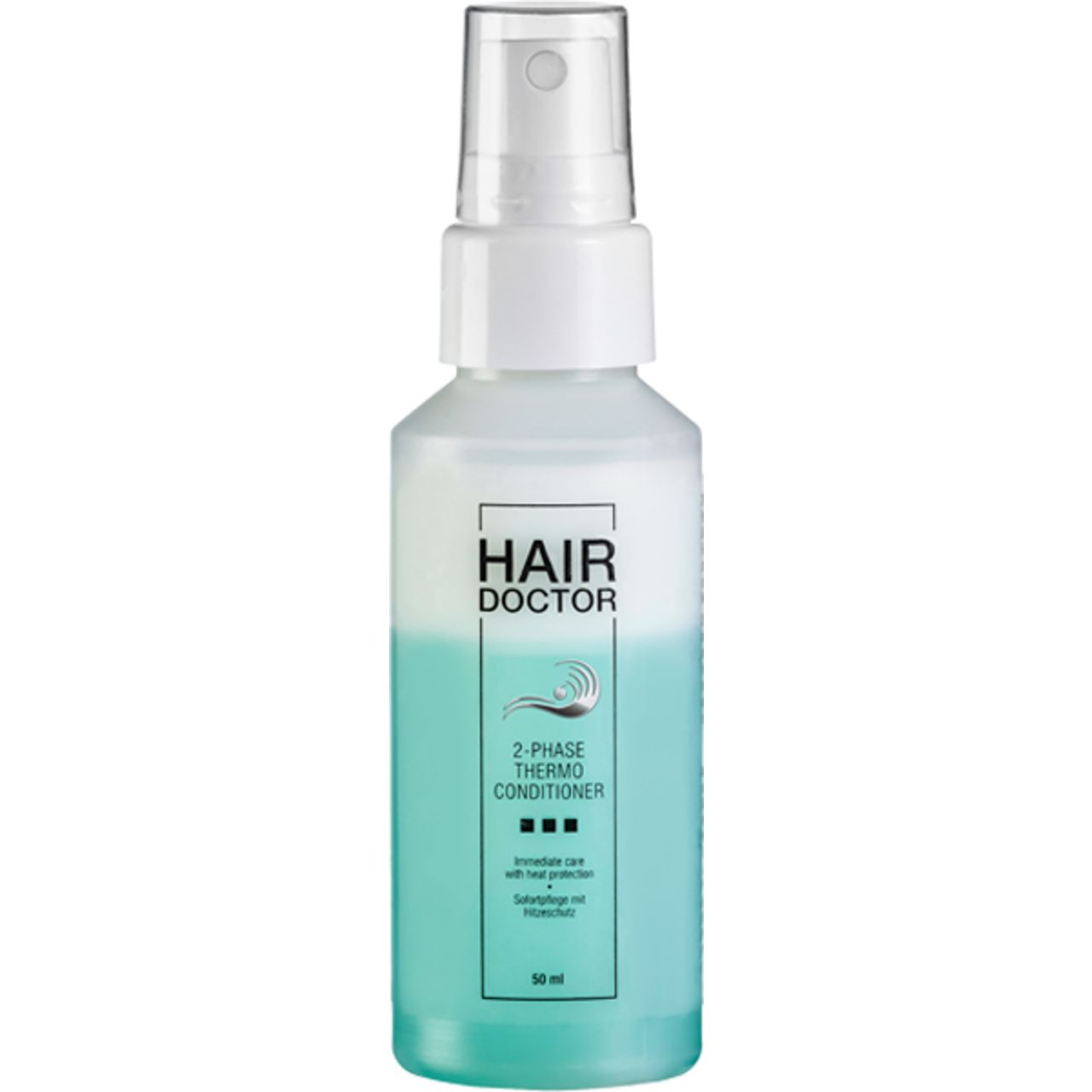 Flasche mit Sprühkopf. Beschriftung: Hair Doctor, 2-Phase Thermo Conditioner. Zweifarbige Flüssigkeit.