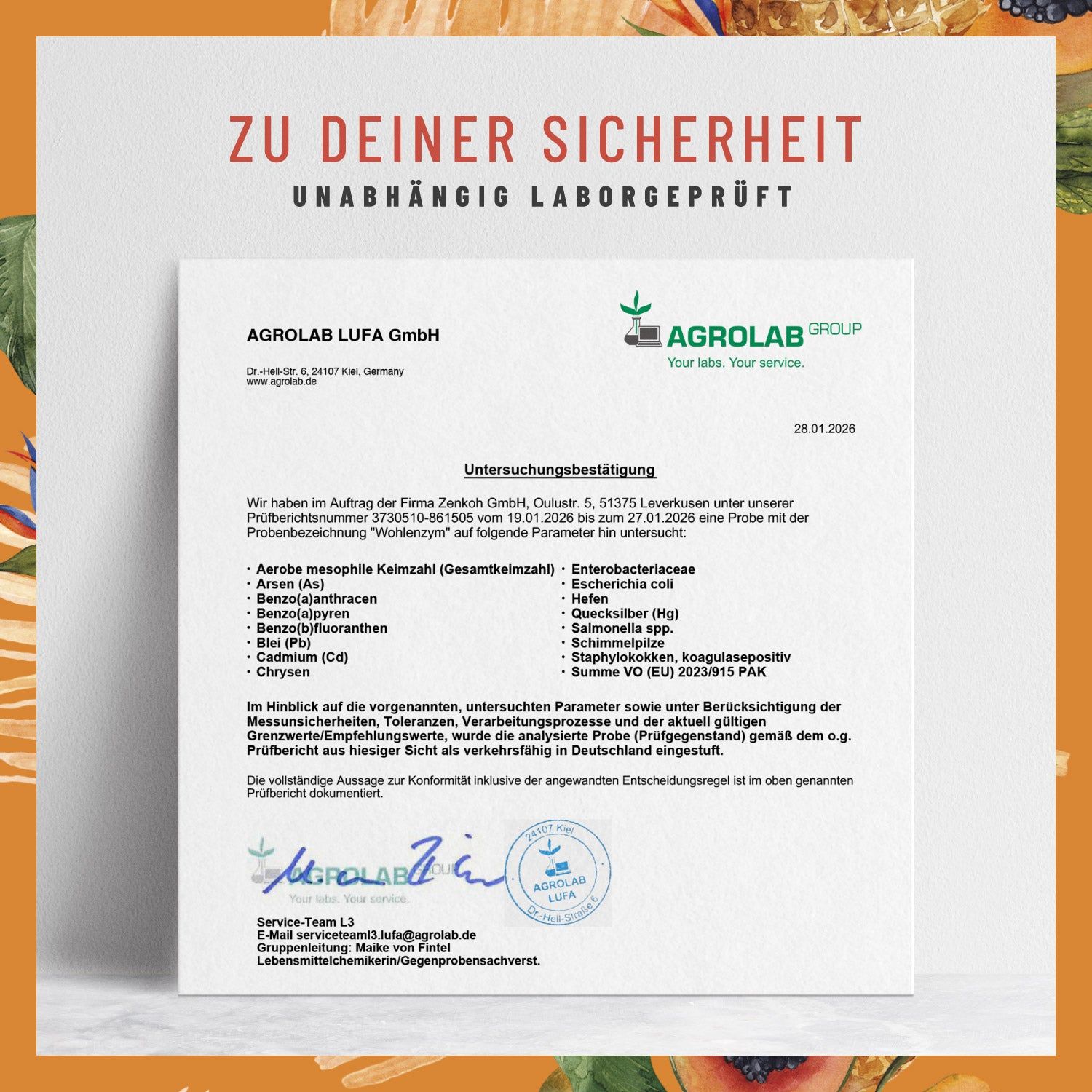 Zertifikat von AGROLAB LUFA GmbH. Text: ZU DEINER SICHERHEIT UNABHÄNGIG LABORGEPRÜFT. Unterschriften und Stempel.