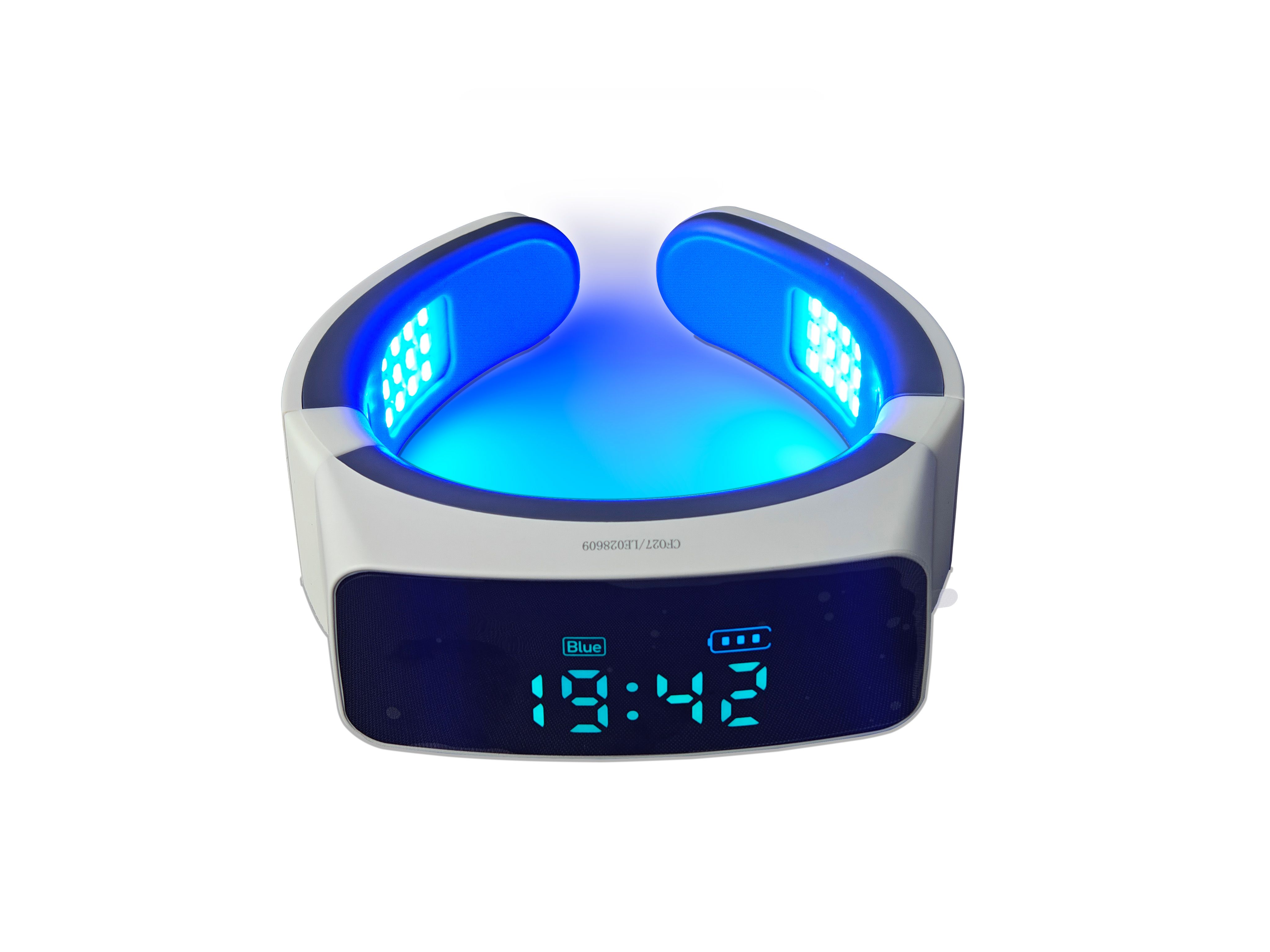 Gerät mit blauem Licht. Weißes Gehäuse, graue Elemente. Zeigt die Uhrzeit 19:42 und einen Akku-Indikator. Blaue LED-Leuchten.