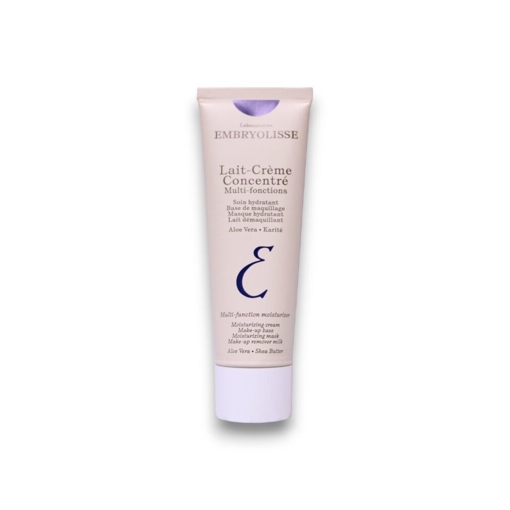 Beigefarbene Tube mit lila Akzenten. Aufschrift: Embryolisse Lait-Crème Concentré Multi-functions. Mit Aloe Vera und Karité.