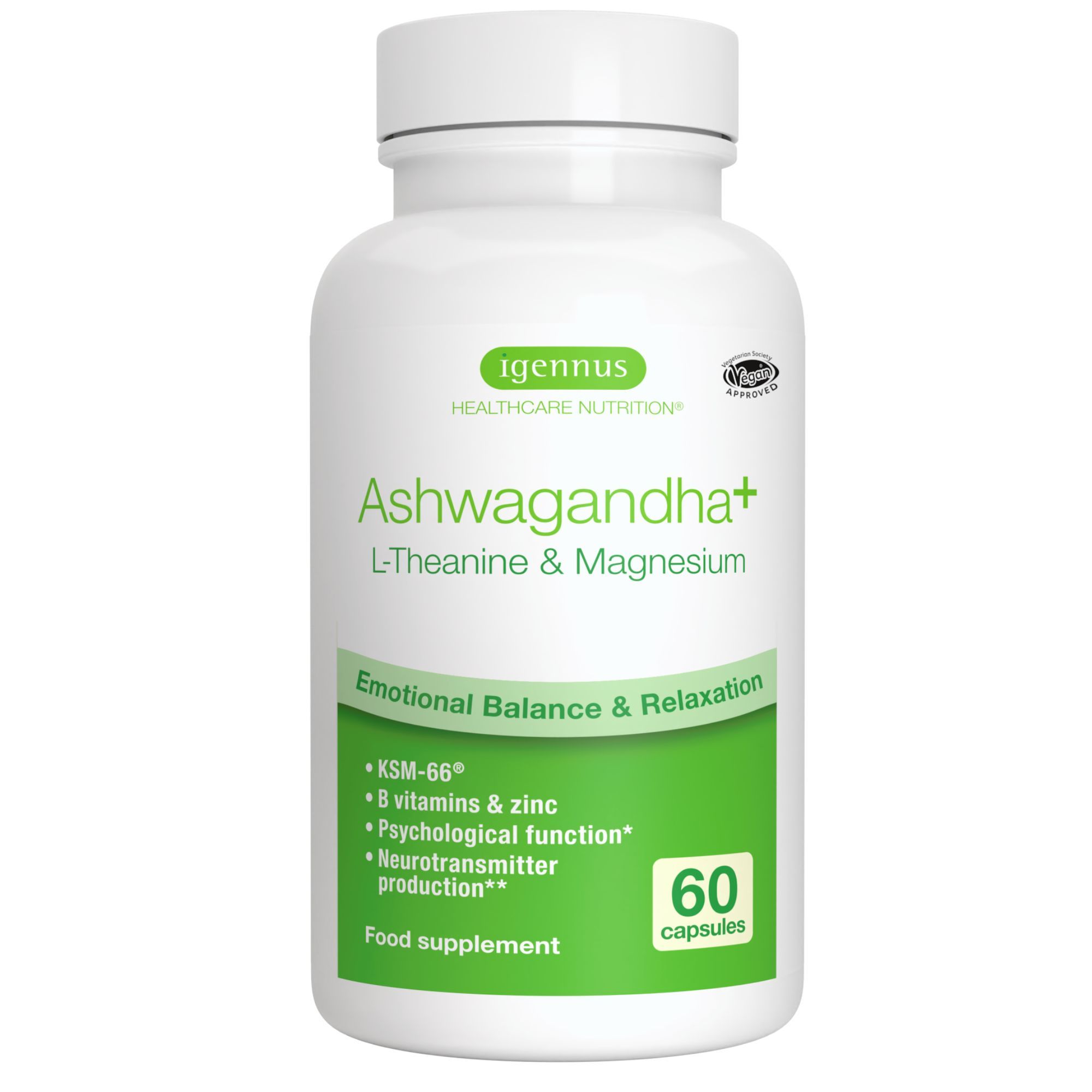 Flasche Igennus Ashwagandha KSM-66 mit L-Theanin & Magnesium, 60 Kapseln, für Ruhe.