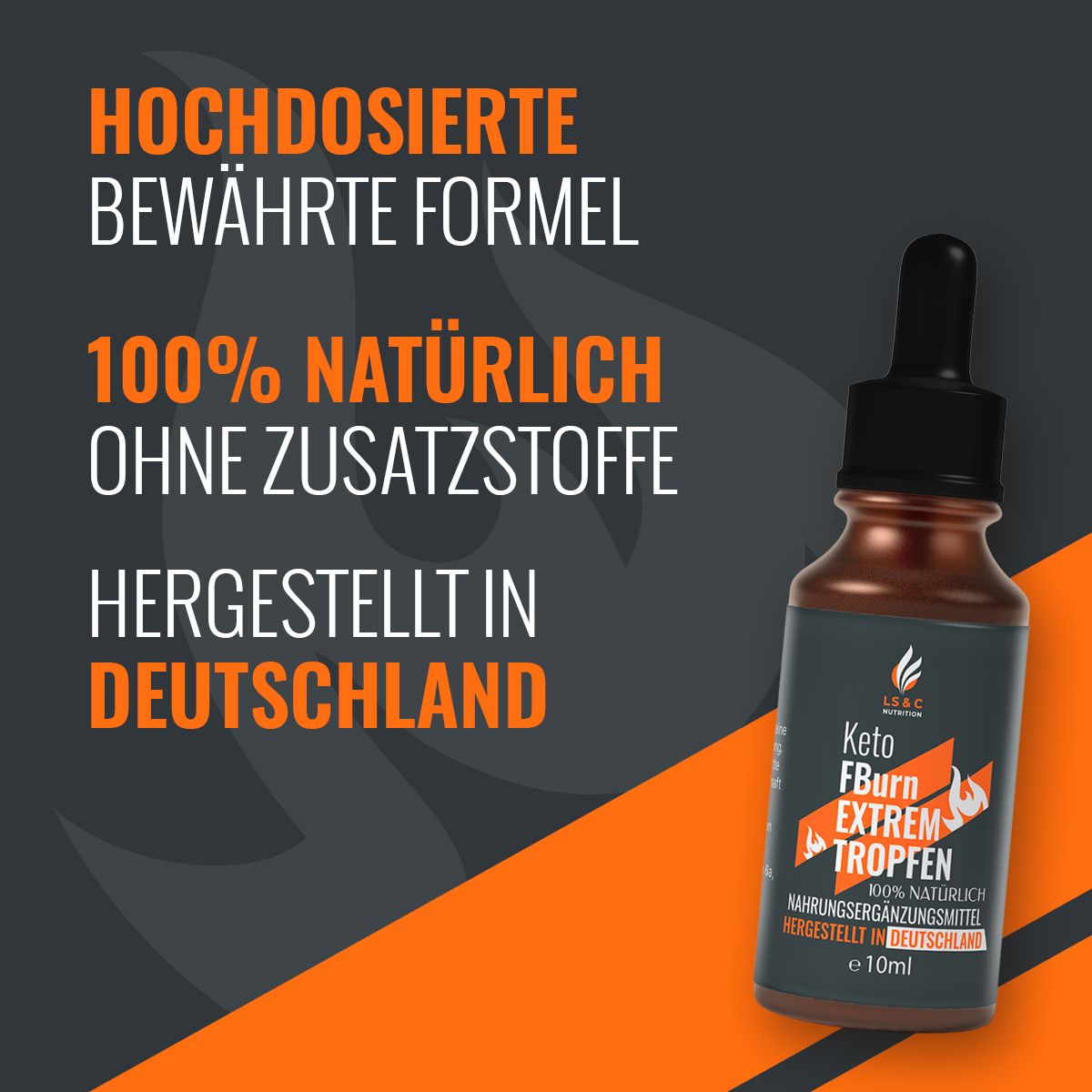 Produktflasche mit schwarzem Deckel und Pipette. Text: Hochdosierte bewährte Formel, 100% natürlich. Orangefarbener Hintergrund.