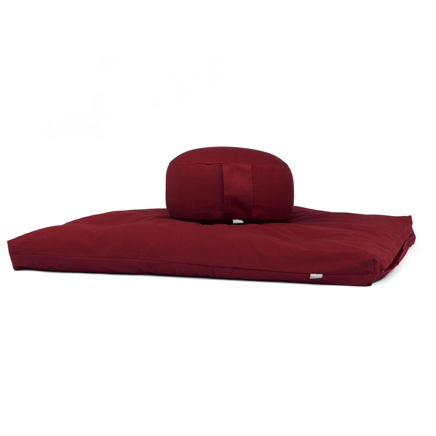 Bordeaux meditatiekussen RONDO ECO en mat ZABUTON ECO. Rond kussen op rechthoekige mat. Beide van stof.