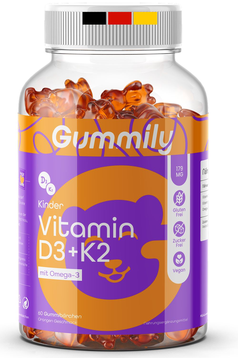 Gummily Kinder Vitamin D3+K2 Flasche mit 60 Gummibärchen.