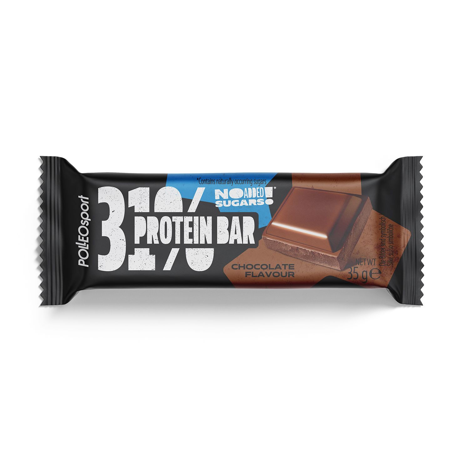 Proteinriegel mit Schokoladengeschmack. Schwarze Verpackung mit weißer Aufschrift. Enthält 31% Protein. Gewicht: 35g.