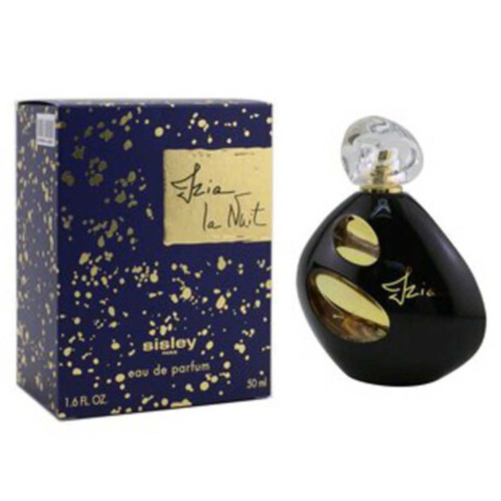 Schwarzer Flakon mit goldfarbenen Akzenten und transparentem Verschluss. Blaue Schachtel mit goldfarbenen Punkten und Schriftzug.