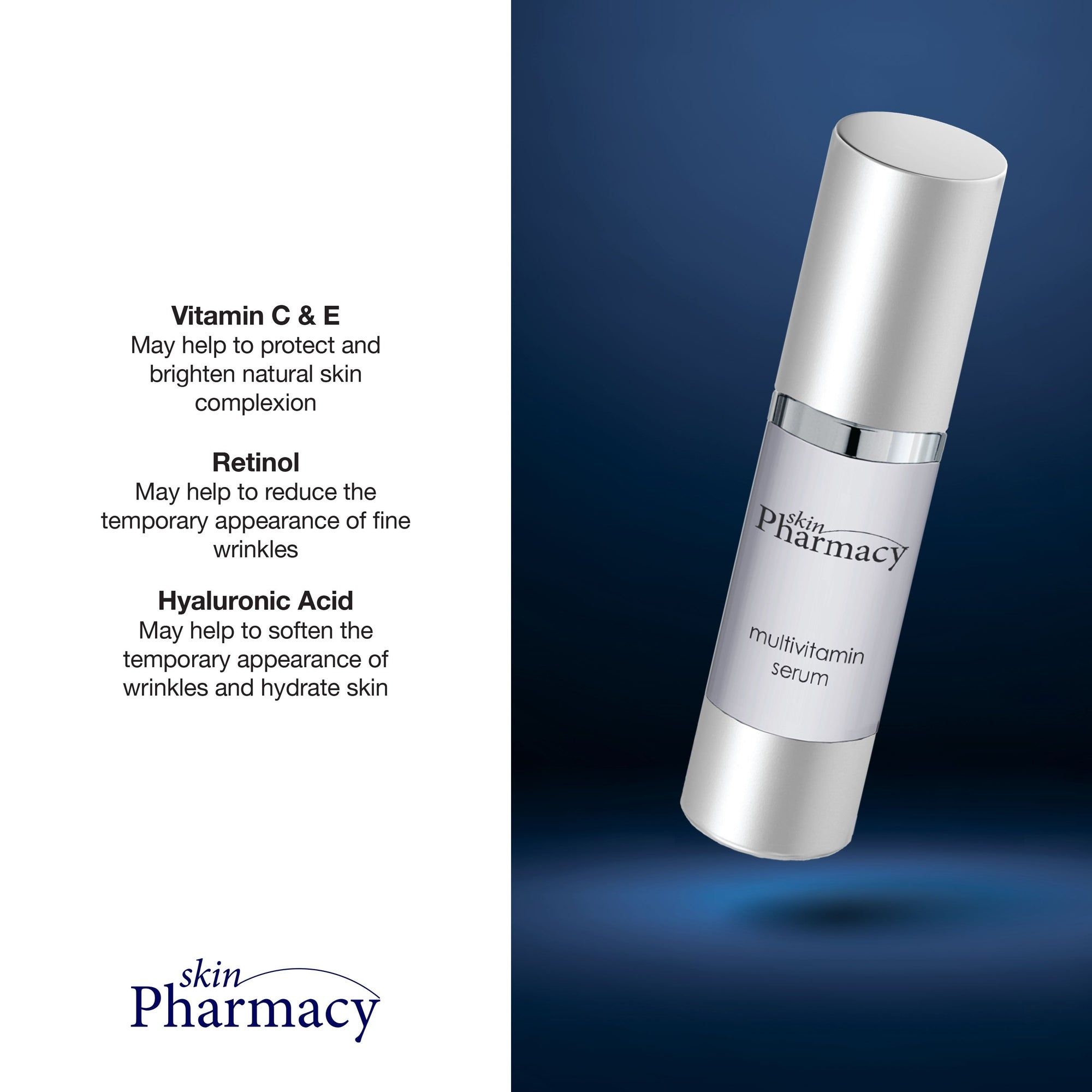 Flasche mit "skin Pharmacy" und "multivitamin serum". Text daneben: Inhaltsstoffe und Vorteile. Blauer Hintergrund.