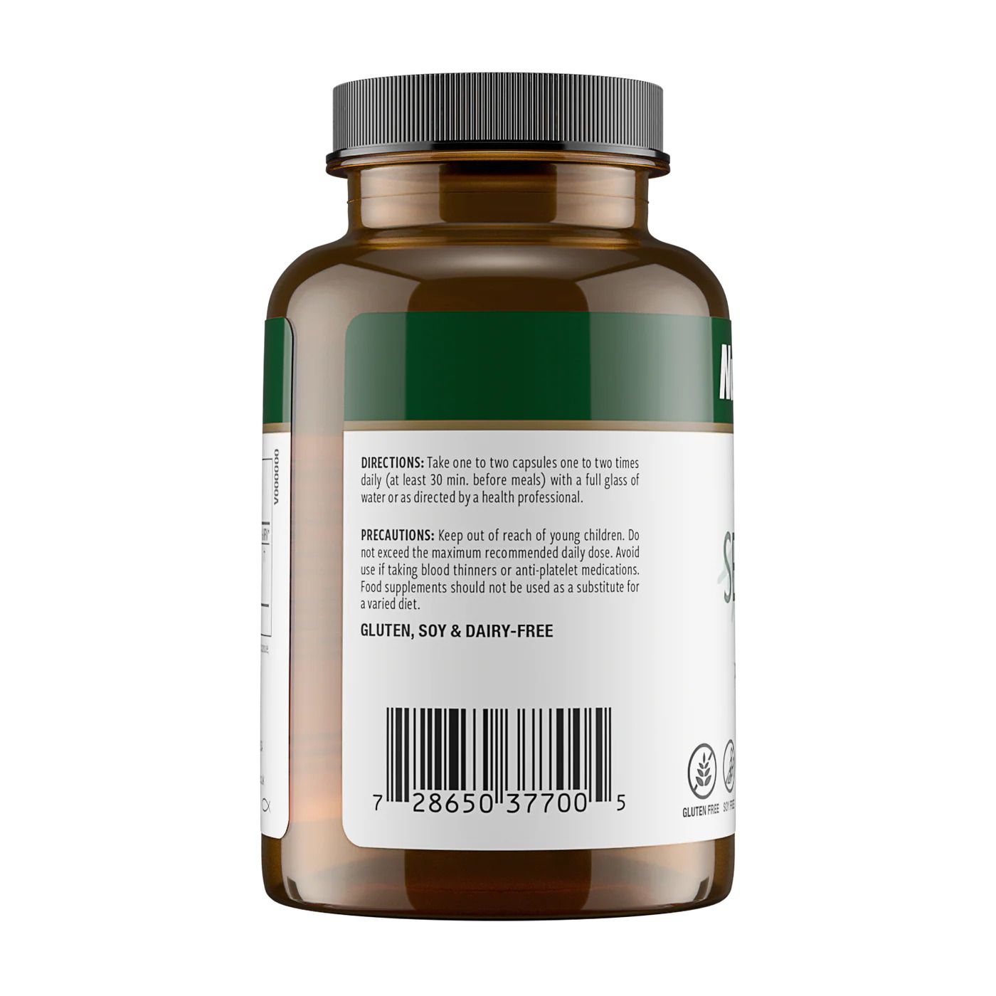 Rückseite des Nutramedix Serrapeptase mit Inulin Behälters mit Dosierungsanleitung und Barcode.