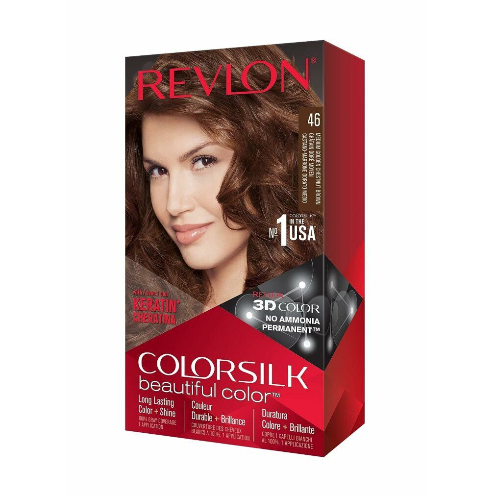 Revlon Colorsilk Box. Medium Golden Chestnut Brown. Ohne Ammoniak. Frau mit braunen Haaren. 3D Color Technologie.