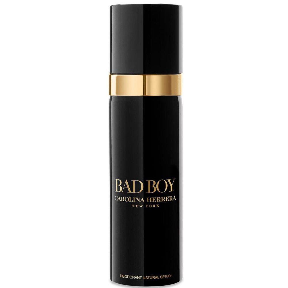 Schwarzer Aerosol-Deodorant-Sprühflakon mit goldenem Band und Schriftzug 'BAD BOY CAROLINA HERRERA NEW YORK'.